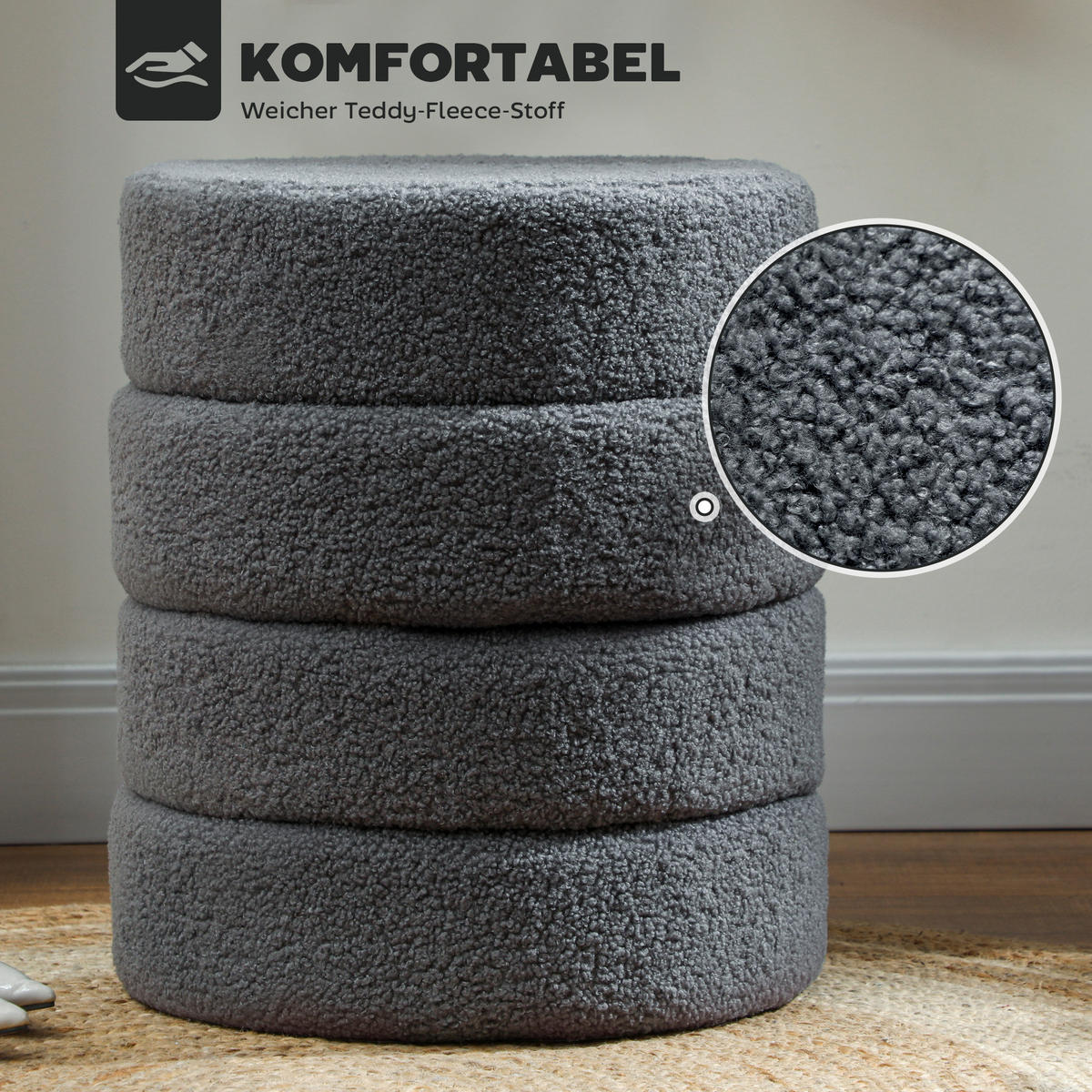 SITZHOCKER, Fußhocker, Runder Polsterhocker, Fußstütze mit Sitzkissen - Dunkelgrau/Naturfarben, Holz/Textil (40/45/40cm) - HOMCOM