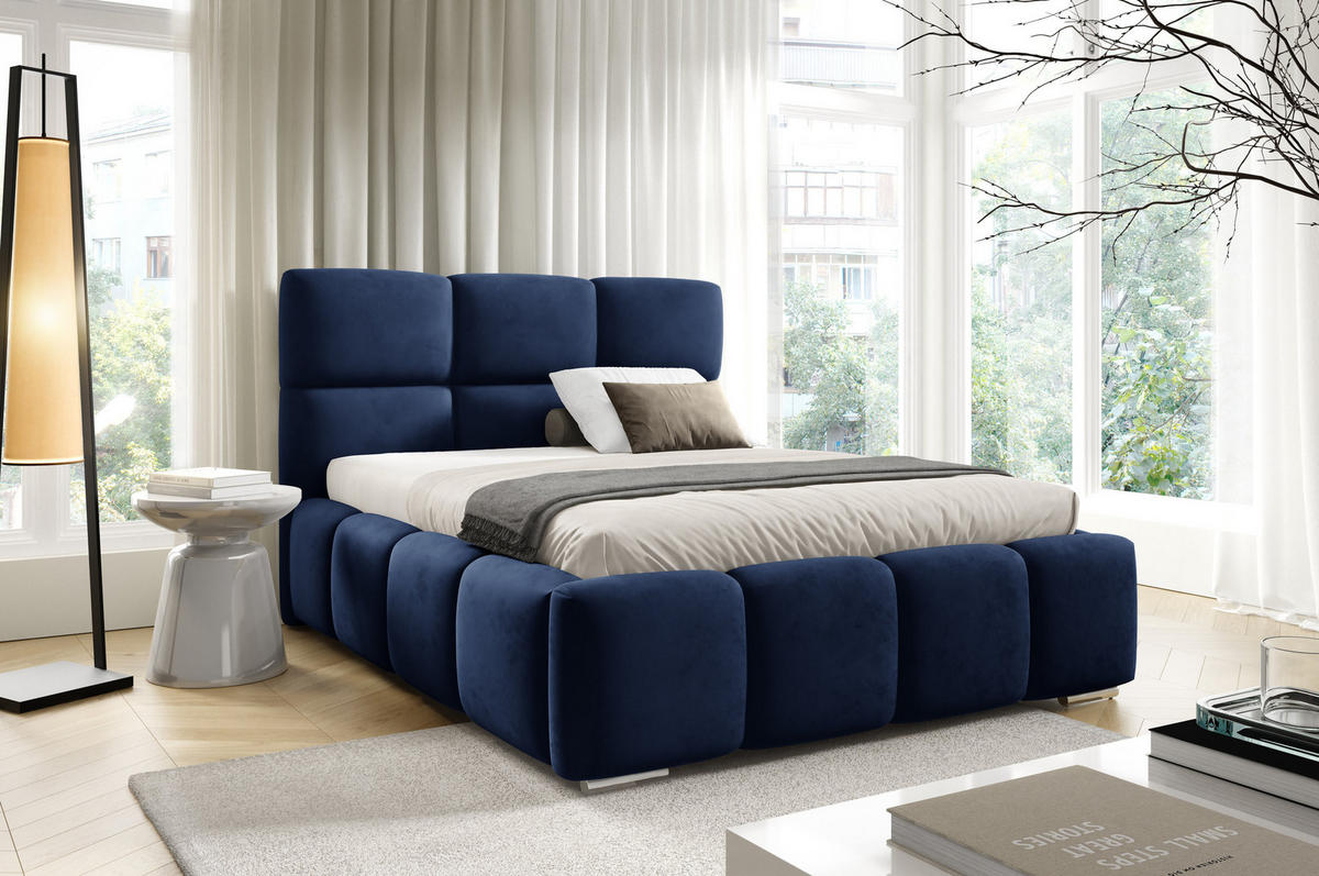 POLSTERBETT TRIO, 180x200 cm, Doppelbett mit Bettkasten, Velourstoff, Frabe: Blau - Blau, Holz/Kunststoff (180/200cm)