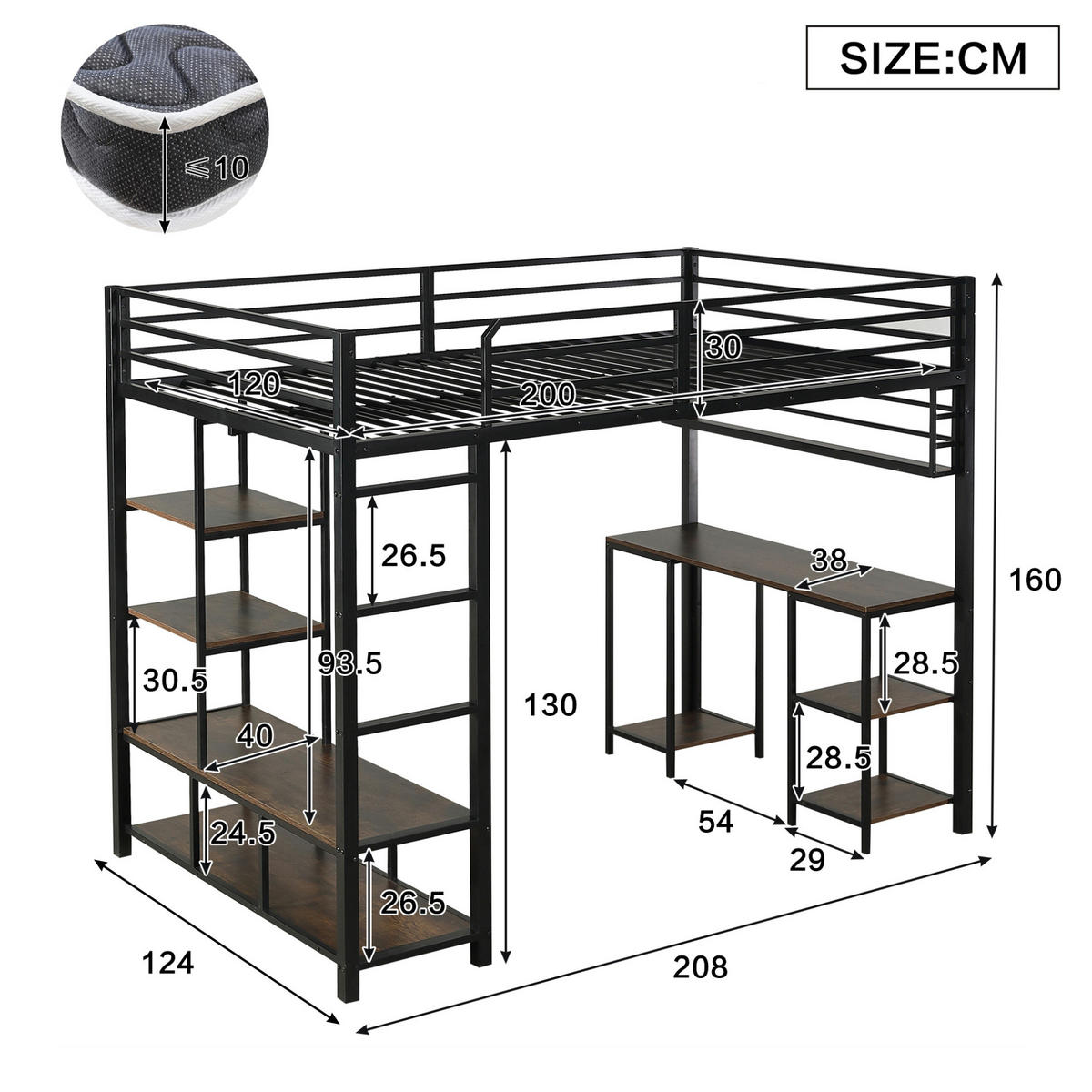 HOCHBETT 120/200 cm mit Schreibtisch, Ablage und 4-stufiger Leiter, stabile Lattenroste, Schwarz/Dunkelwalnuss - Schwarz, Metall (120/200cm) - Redom