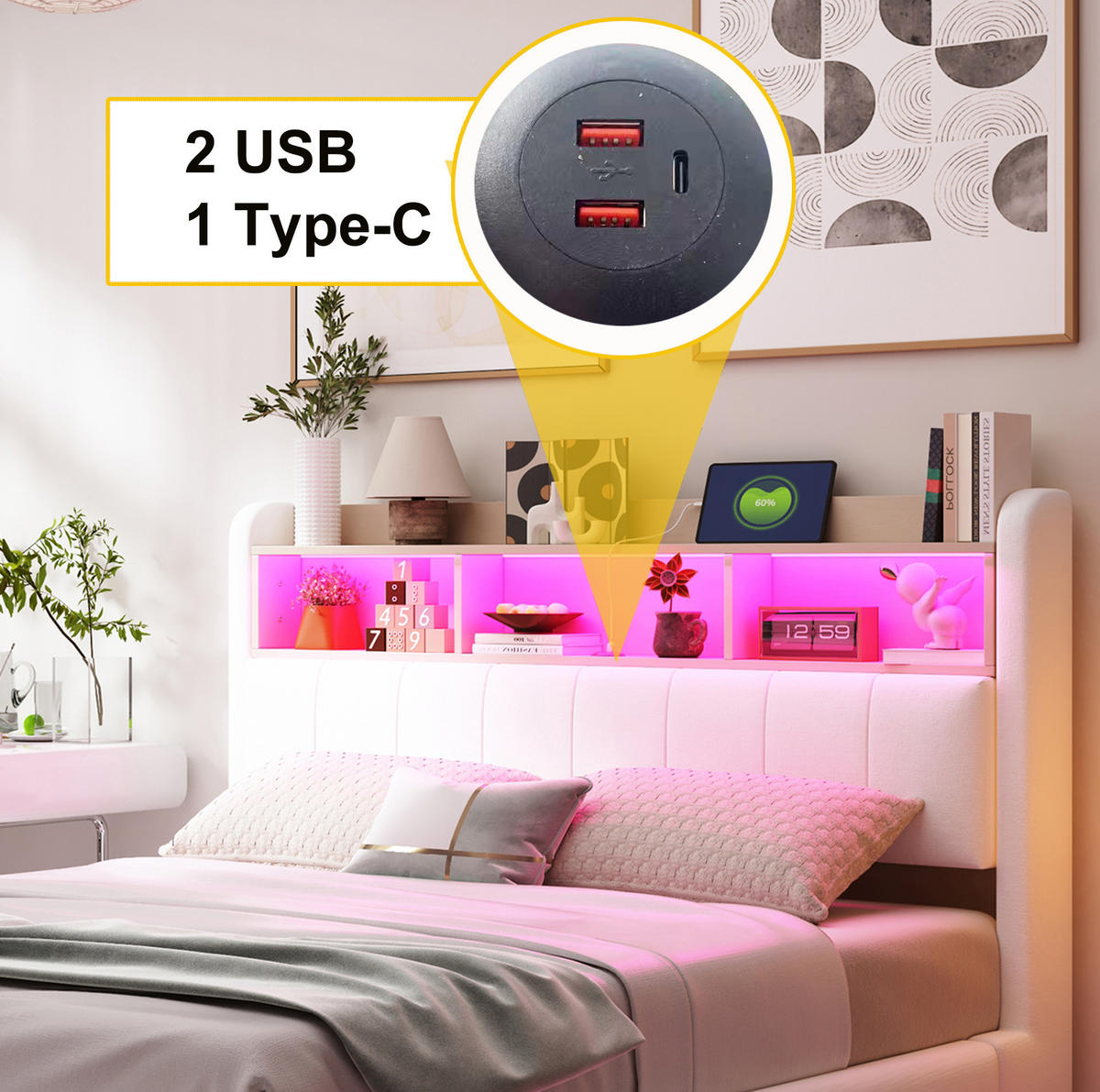 ČALÚNENÁ posteľ 140/200 cm s LED osvetlením, USB a Type-C portom, úložným priestorom a kovovým rámom, Béžová - béžová, textil (140/200cm) - Redom