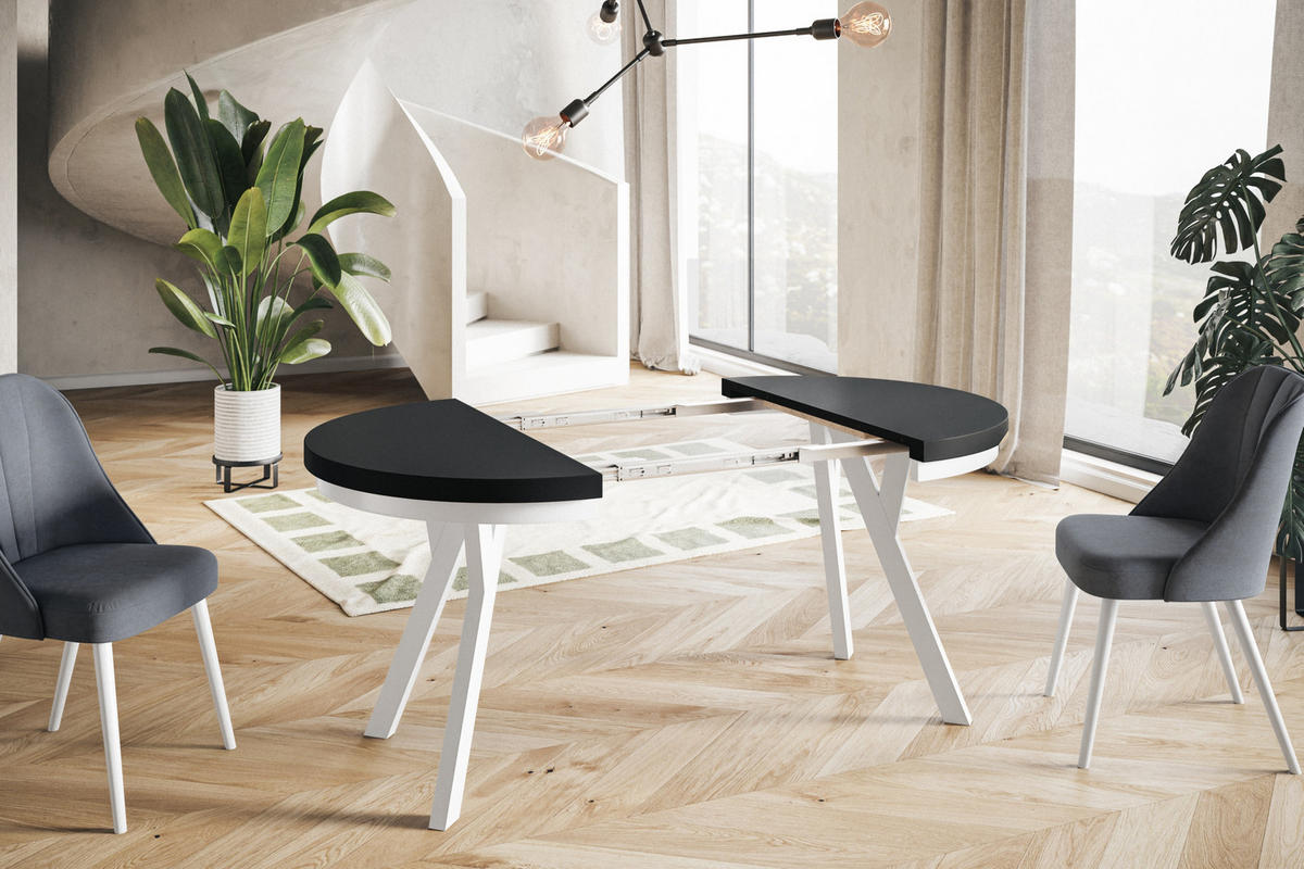ESSZIMMERTISCH EVO, ausziehbarer Tisch 100 cm bis 200 cm, Farbe: Schwarz, mit Holzbeinen in Farbe Weiß - Schwarz/Weiß, Holzwerkstoff (100/100/77cm) - Alpi-Möbel