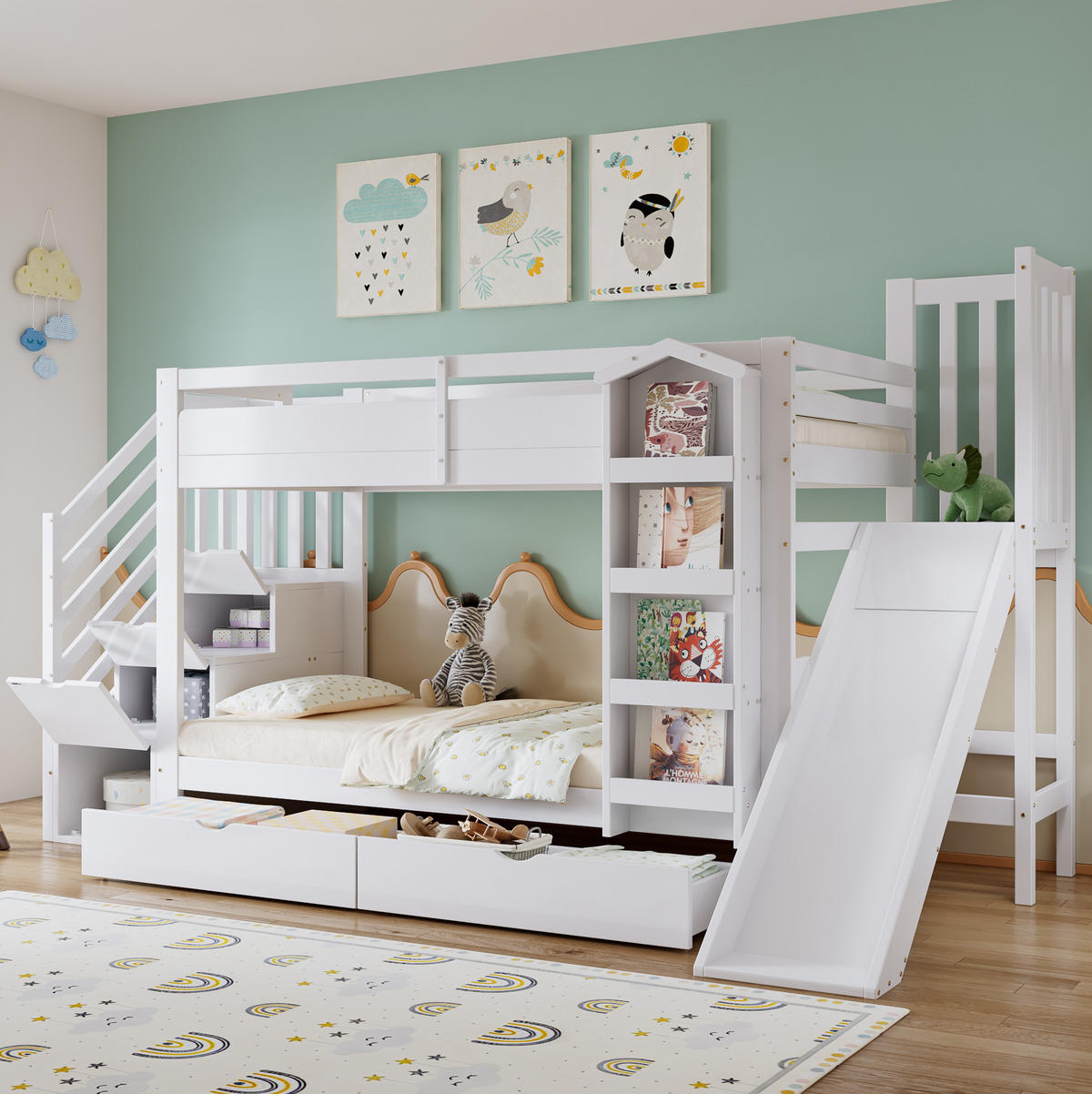 ETAGENBETT 90/200 cm Weiß mit Kinderrutsche ohne Matratze - Weiß, Holz (90/200cm) - MIVRAY