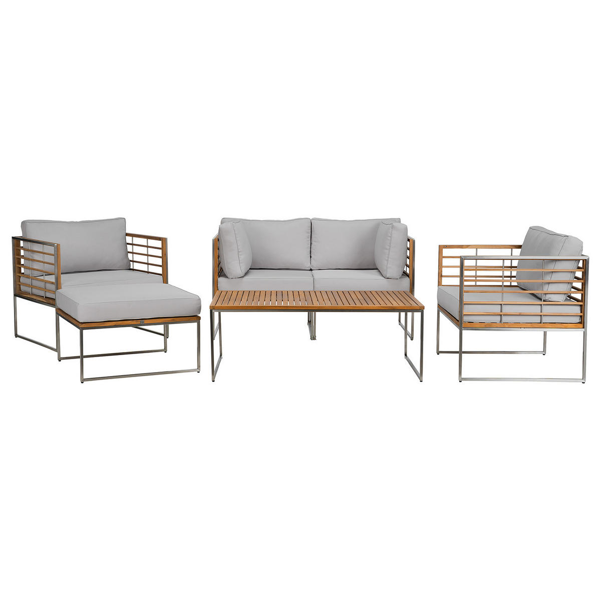 LOUNGEGRUPPE - 6-teilig - Webstoff / Teak massiv - Hellgrau, Holz/Textil - home24