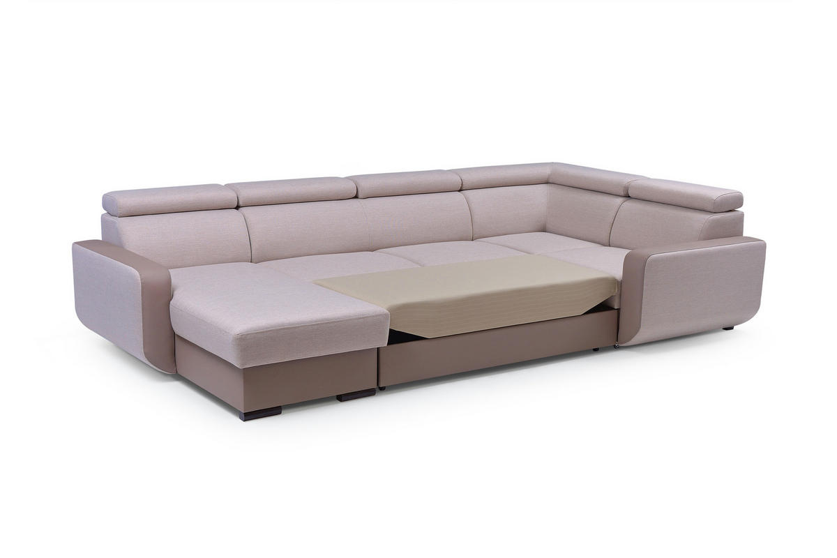 WOHNLANDSCHAFT PALAZZO Beige Geflochtener Stoff mit Schlaffunktion - Beige, Holz (337/97/184cm) - MASSENO