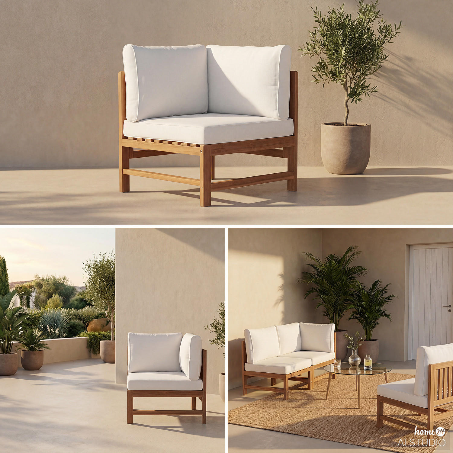 LOUNGEECKE - Akazie massiv / Polyester - Braun / Beige - Beige/Braun, Holz/Textil (66/76/66cm) - home24