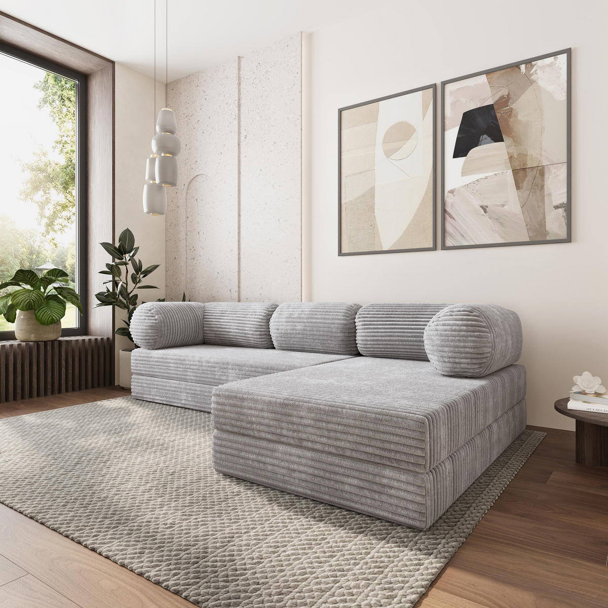 ROHOVÁ SEDAČKA ETERA modulární Boneless pohovka s funkcí spaní, světle šedá TILIA 86 - šedá, textil (270/160cm) - MASSENO