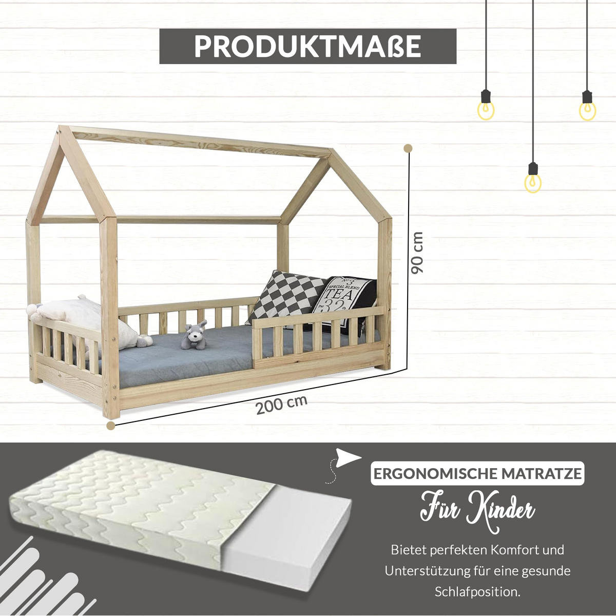 HAUBETT 90 x 200 cm mit Rausfallschutz, aus Massivholz Naturholz - Beige, Holz - Best for Kids