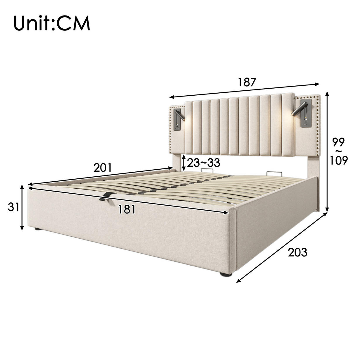 POLSTERBETT 180/200 cm Beige aus Baumwolle mit Bettkasten - Beige, Textil (180/200cm) - OKMYHOME