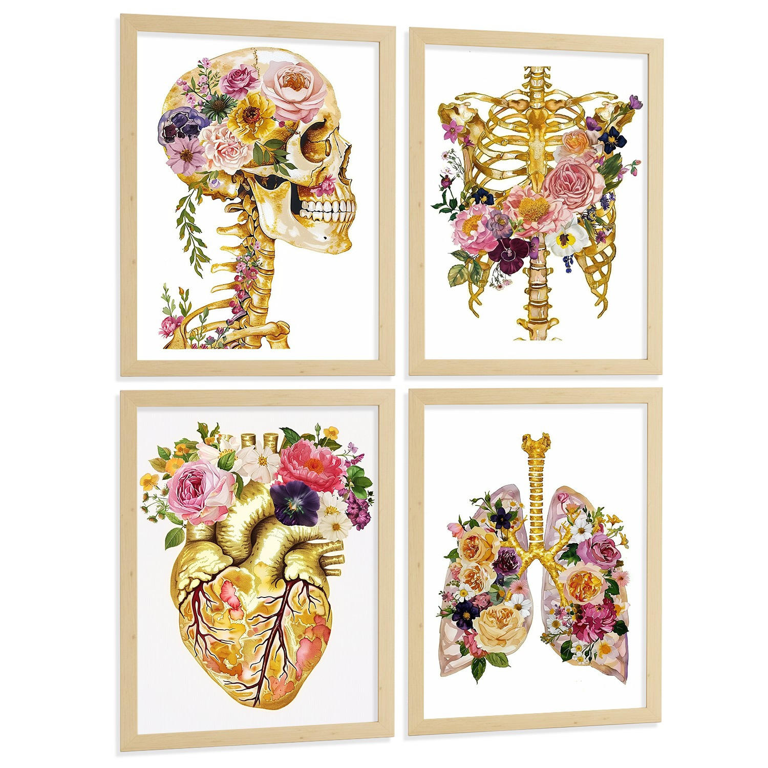 POSTER Set aus 4 Anatomie Mensch Drucke und Wandbilder mit Schädel Skelett Herz und Goldene Lungen Wanddekoration Größe Leichter Holzrahmen A3 - Beige, Papier (29.7/42/3cm) - Nacnic