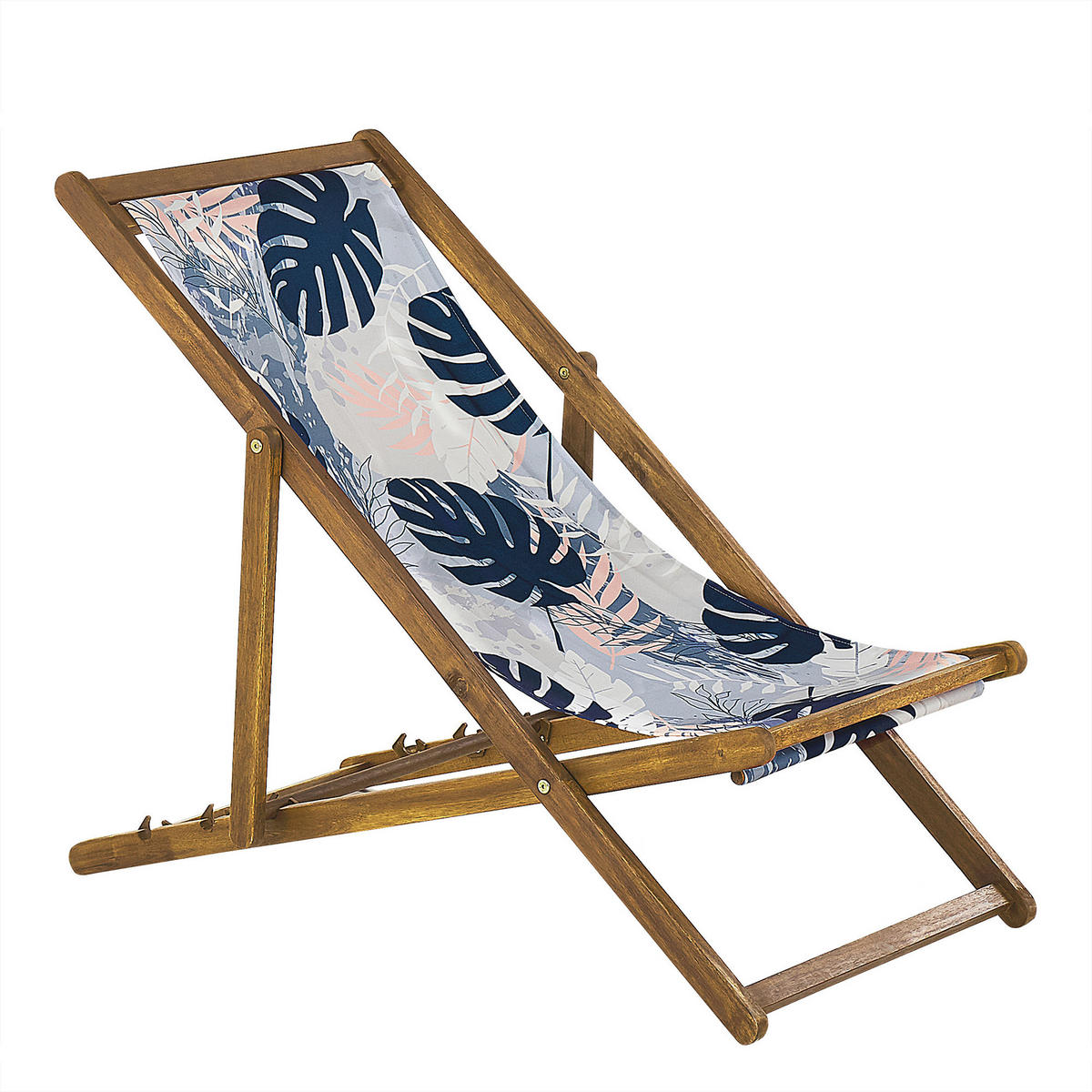 GARTENLIEGE 2er-Set hellbraun Textil weiß/blau Blättermotiv Anzio - Hellbraun/Weiß, Textil (54/70/97cm) - Beliani