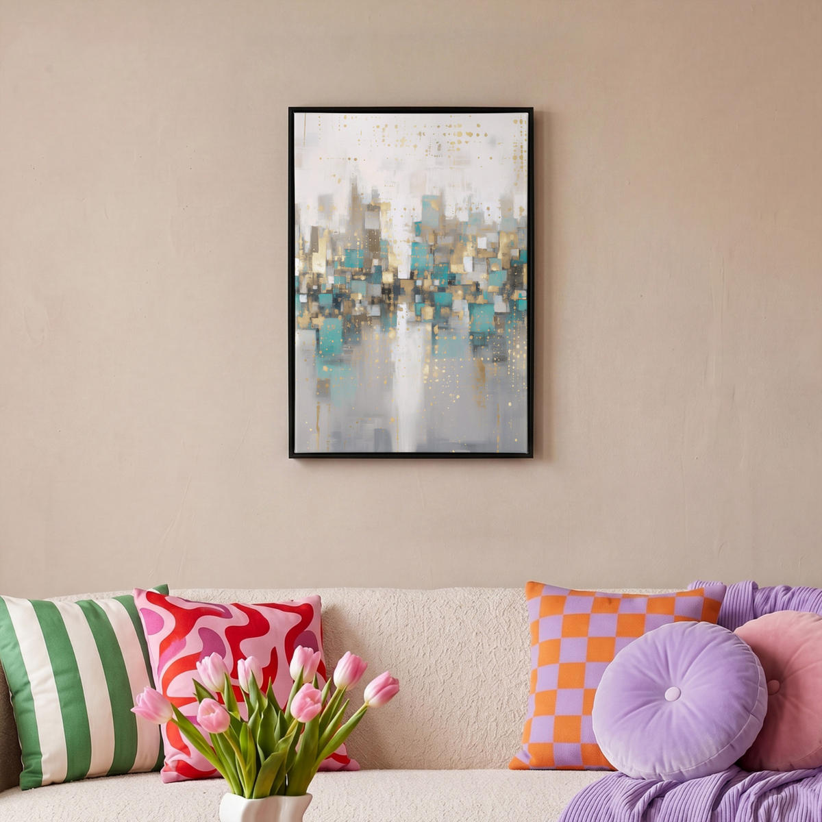 LEINWAND Bilder mit Rahmen - Abstrakt - Blöcke - Gold - Skyline - 40x60 - Beige, Textil (40/60cm) - MuchoWow