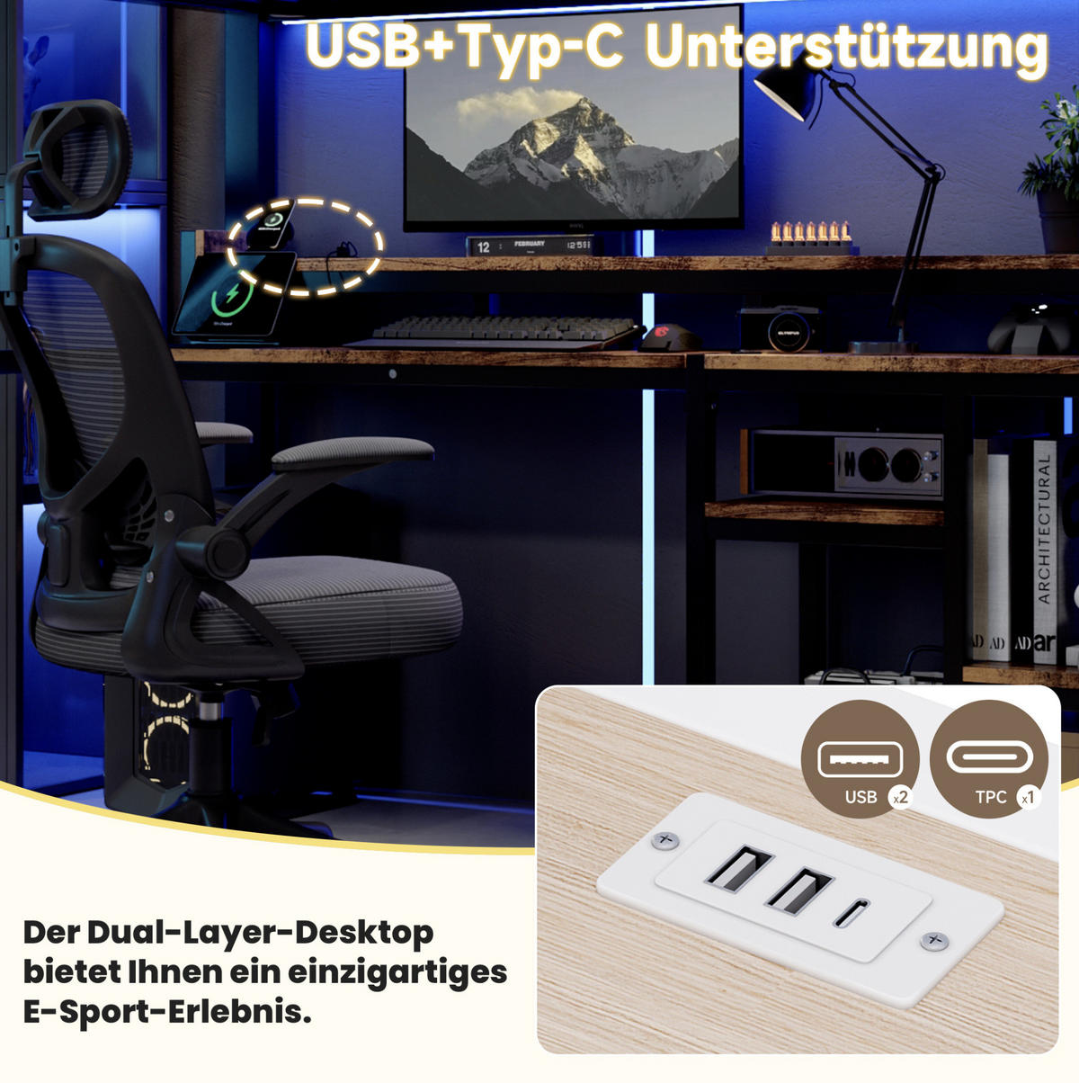 HOCHBETT MDF & Metall 90x200 cm Schwarz mit Leiterschrank, LED-Lichtleiste, USB + Typ-C - Schwarz, Holzwerkstoff (90/200cm) - Modfu