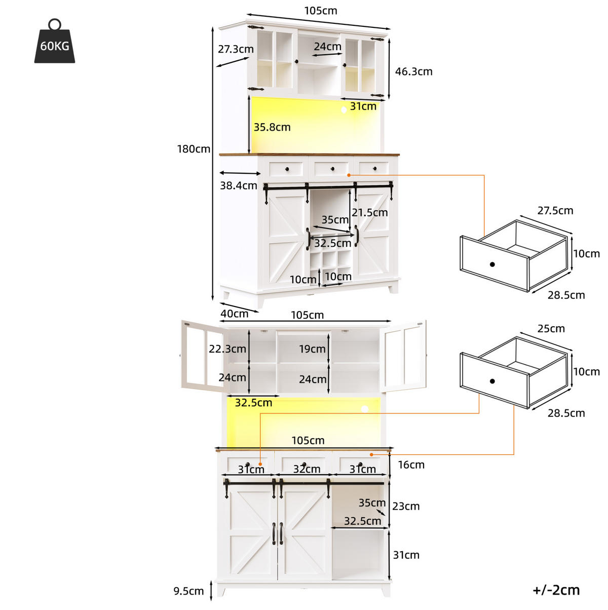 BUFFET 105/180/38,4 cm Weiß aus MDF mit LED-Beleuchtung - Weiß, Holzwerkstoff (38.4/180/105cm) - OKMYHOME