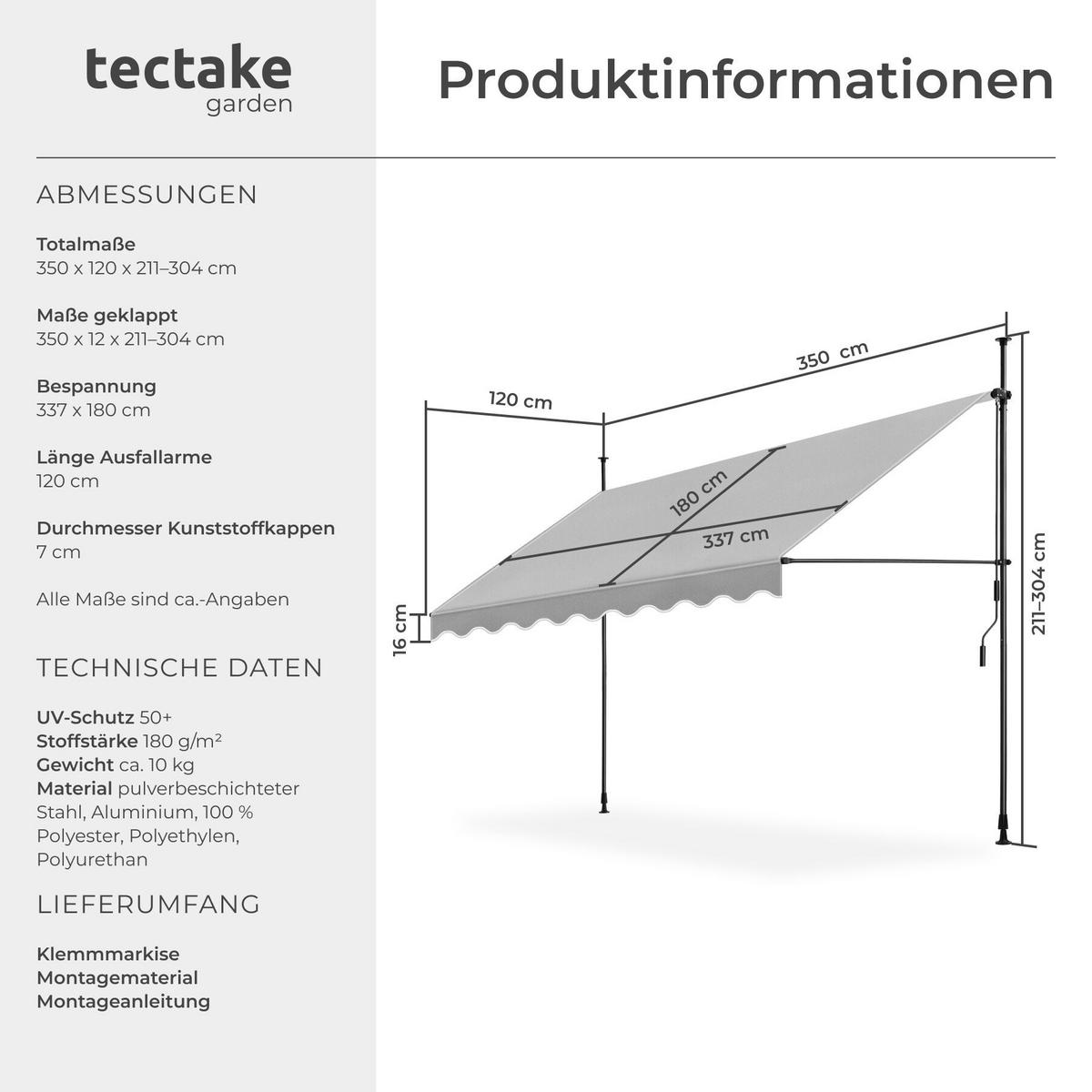 KLEMMMARKISE MIT HANDKURBEL , wasserabweisend, hellgrau - Hellgrau, Textil (350/304/180cm) - tectake