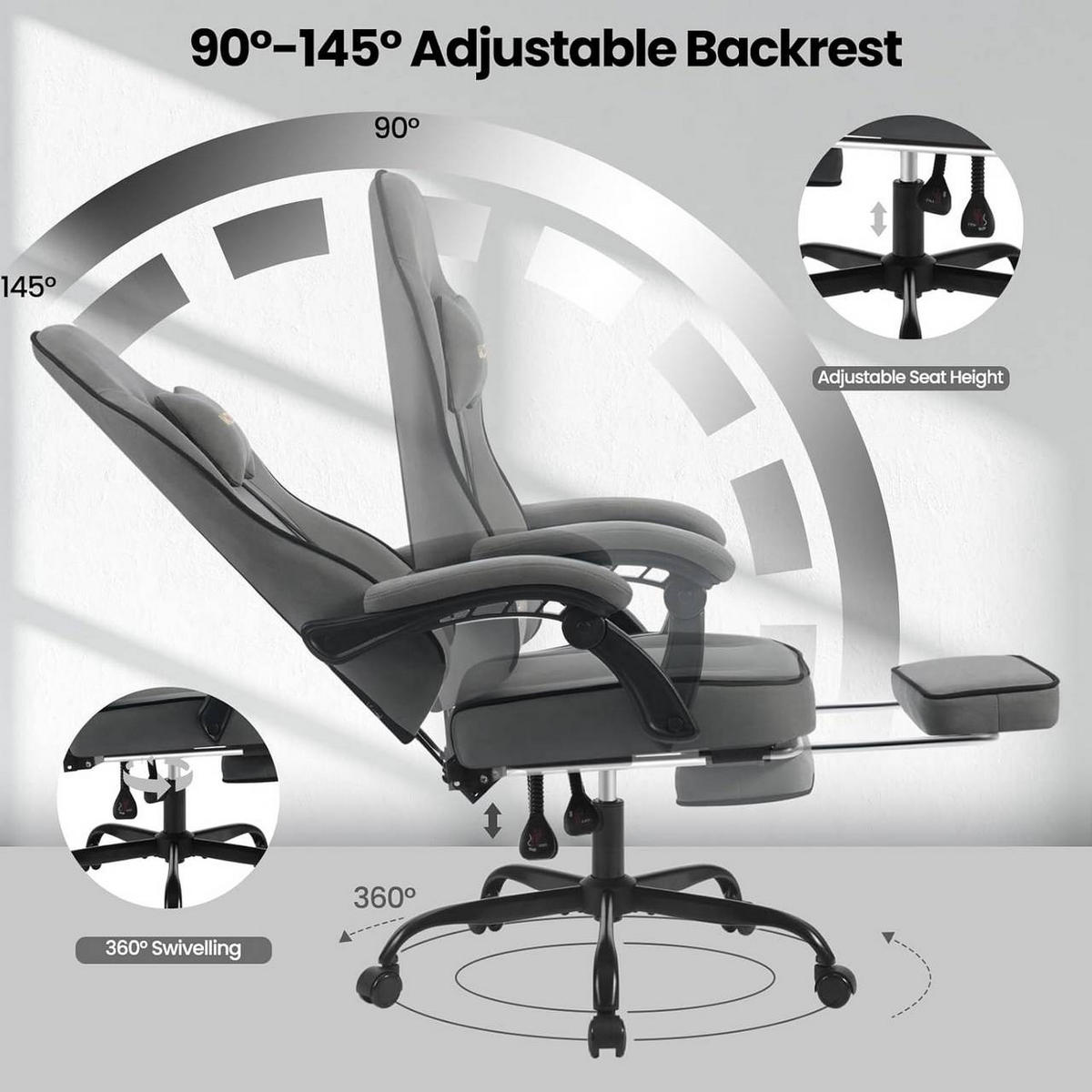 GAMINGSTUHL Drehstuhl, Tech-Stoff, Grau - Schwarz/Grau, Kunststoff/Textil (63.5/117.5/60cm) - Woltu