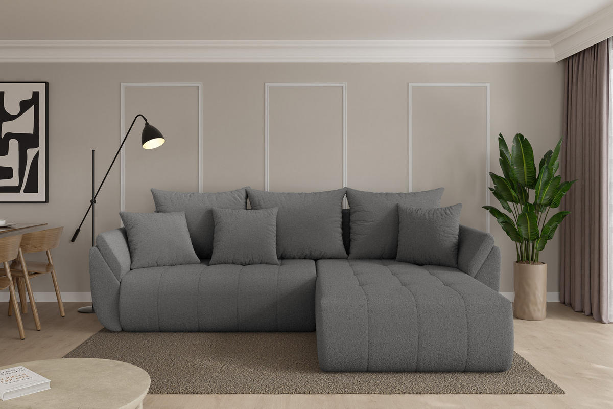 ROHOVÁ SEDAČKA s funkcí spaní, otoman vpravo TOKO-L 277x194x86 šedá bouclé - šedá/černá, kompozitní dřevo/textil (277/194cm) - ALTDECOR