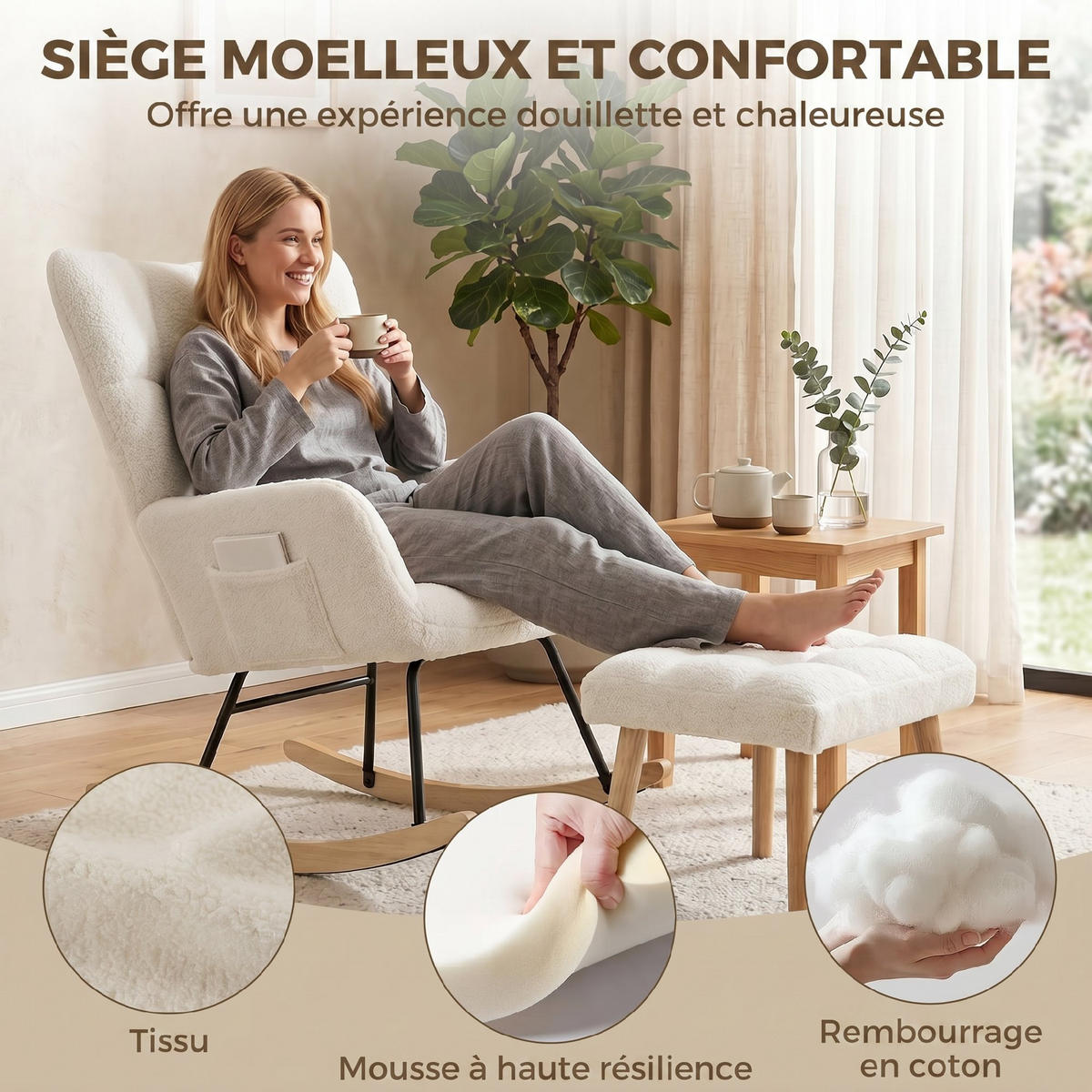 SCHAUKELSTUHL Bouclé-Stoff Fußstütze breite Rückenlehne Creme - Creme, Textil (97/100/72cm) - Vallsero
