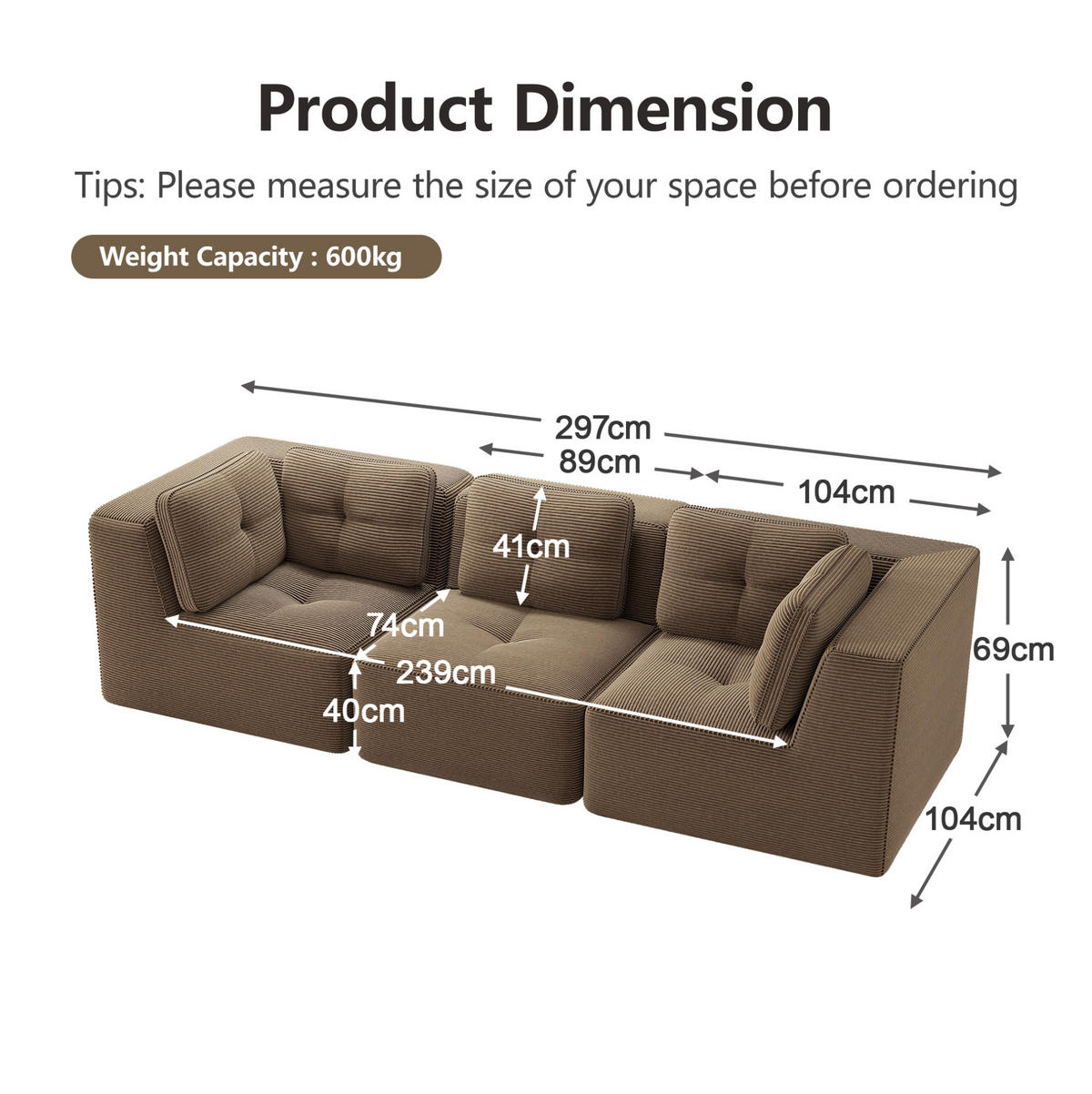 ECKSOFA 297/104/69 cm braun aus Cord mit modularem Design und tiefer Sitzfläche - Braun, Textil (104/297cm) - OKWISH