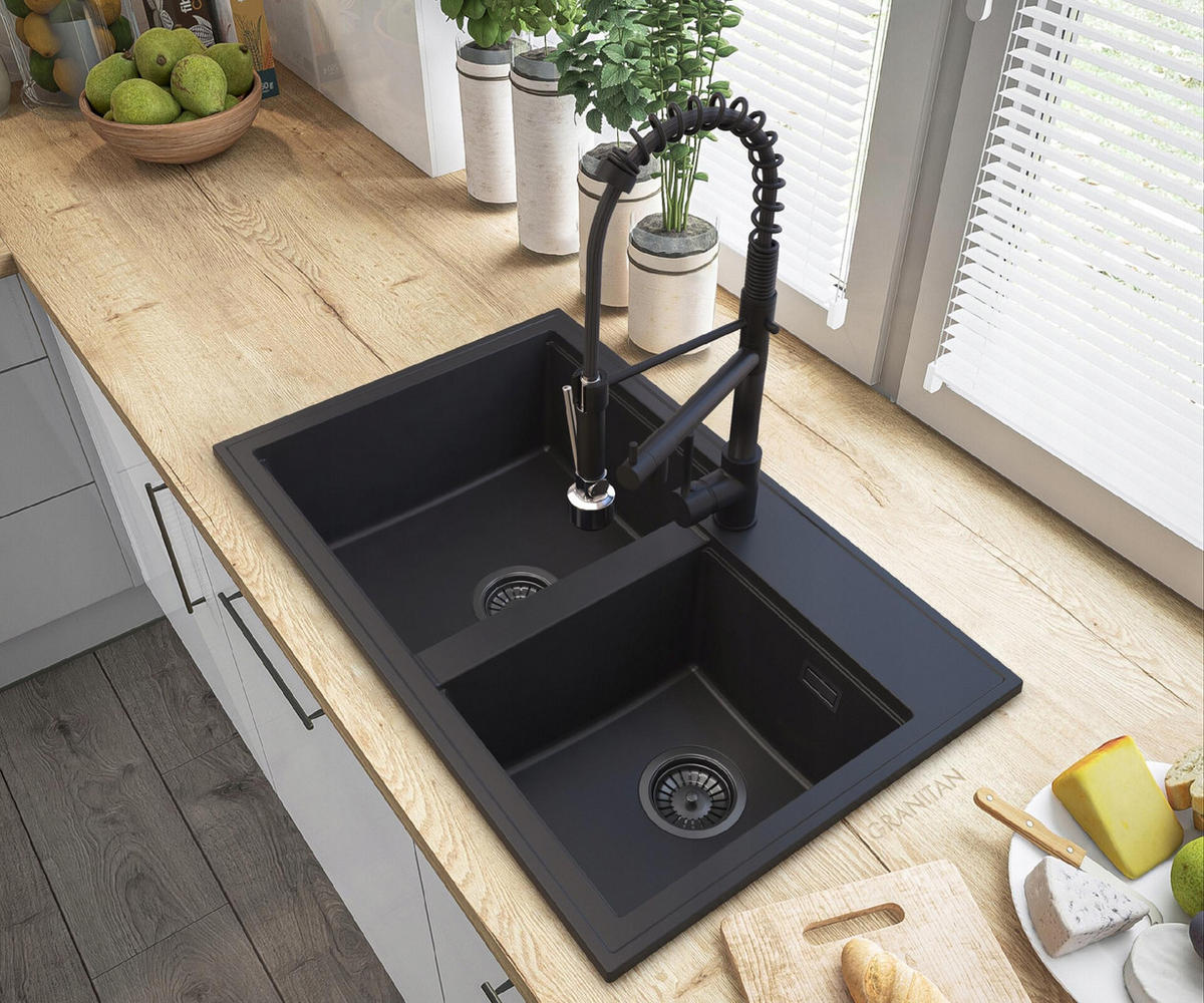 GRANITSPÜLE Hektor mit Siphon Batterie - Schwarz, Kunststoff/Stein (80/50/20cm) - Granitan