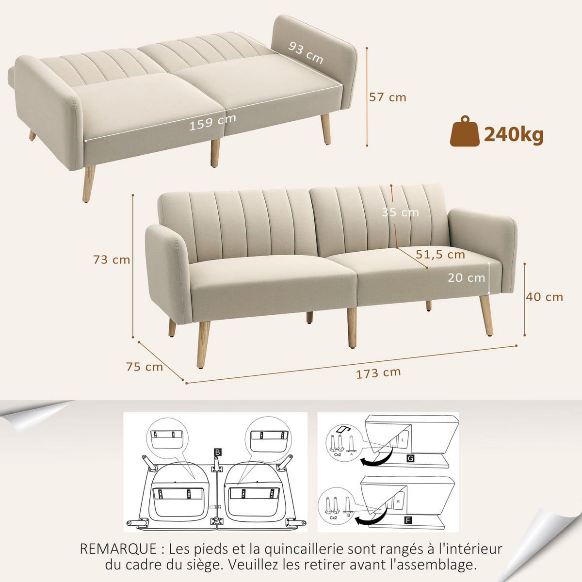 SCHLAFSOFA 2er-Sitz DE-14588 3-fach verstellbare Rückenlehne Beige - Beige, Holzwerkstoff (173/73/75cm) - ComfortXL