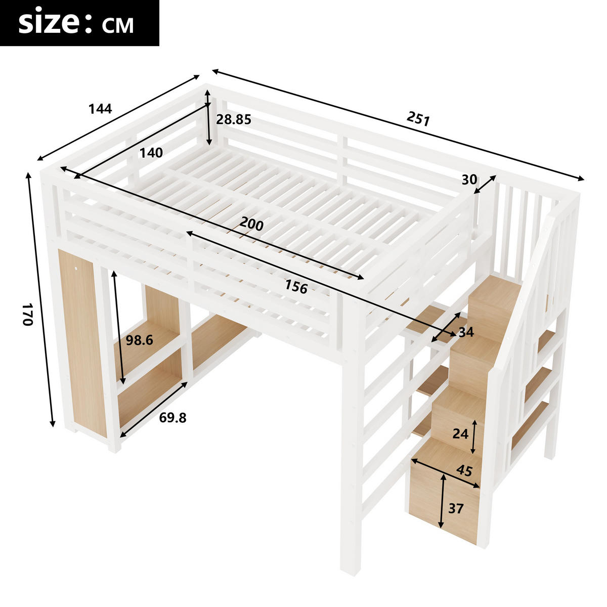 HOCHBETT 140/200 cm in Weiß mit Schreibtisch, Ablageflächen, Treppe und Stauraum aus Metall - Weiß, Metall (140/200cm) - STILVORA