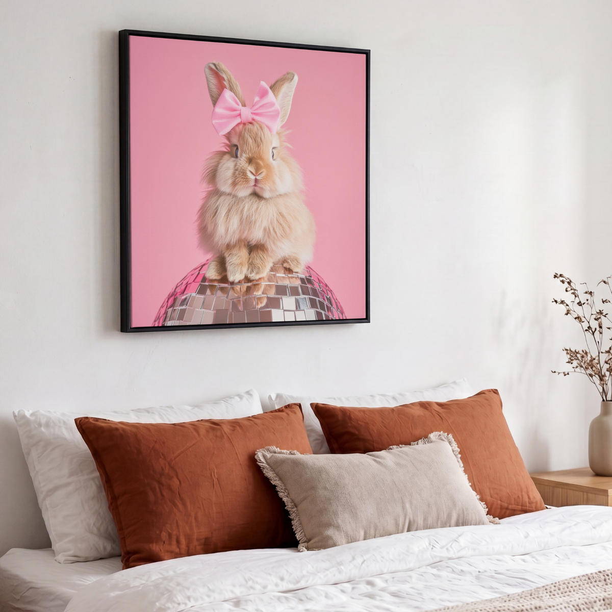 LEINWAND Bilder mit Rahmen - Schleife - Discoball - Kaninchen - 50x50 - Pink, Textil (50/50cm) - MuchoWow