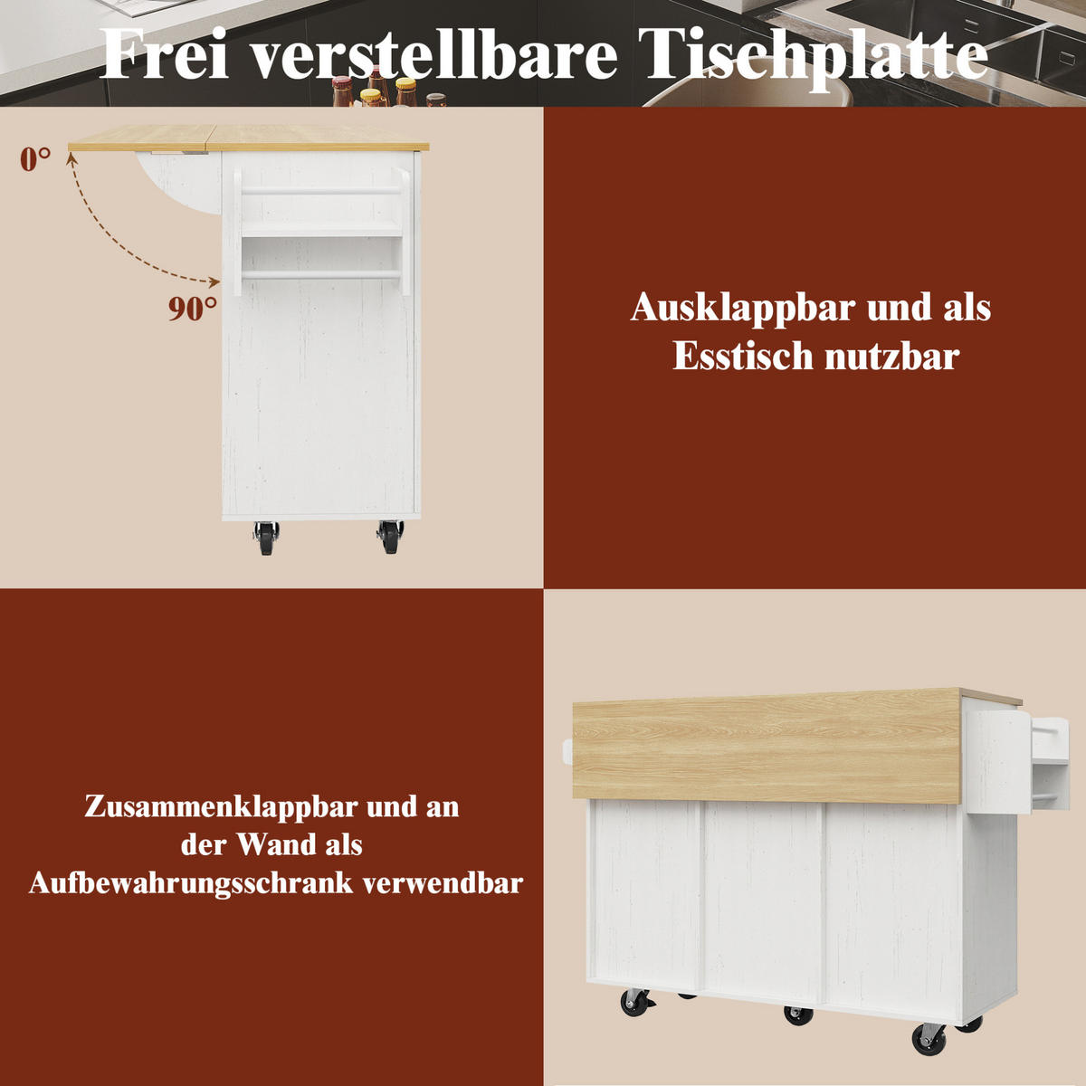 KÜCHENINSEL mit Klapptisch 110 x 46 cm Weiß - Weiß, Metall (74/92.5/134.5cm) - Beauniv