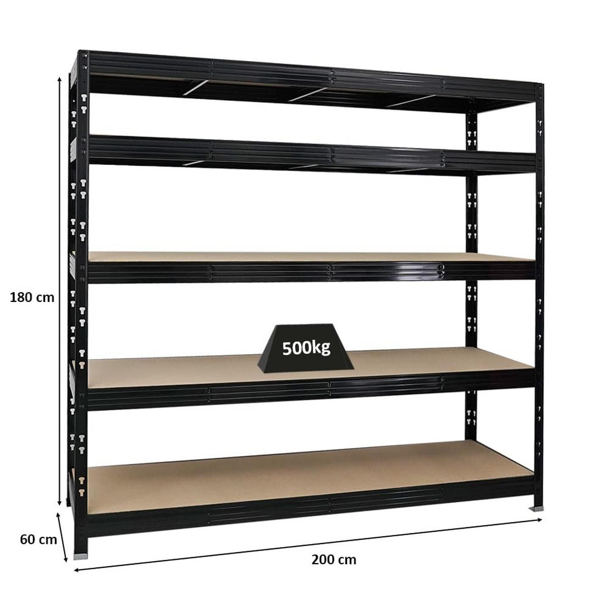 SCHWERLASTREGAL Rhino 180x200x60 cm 5 Spanplatten-Ebenen 8mm Fachlast 500 kg Schwarz - Schwarz, Metall (200/180/60cm) - PROREGAL