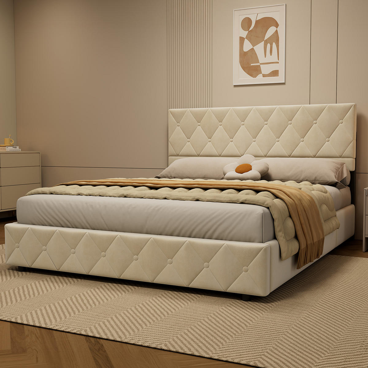 POLSTERBETT 160/200 cm mit Bettkasten in Beige aus Samtstoff Bettgestell mit Metallrahmen, ohne Matratze - Beige/Grau, Holzwerkstoff/Textil (160/200cm) - STILVORA