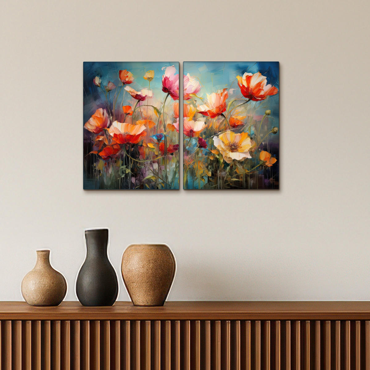 LEINWANDBILD 2er Set Blumen - Bunt - Abstrakt 60x40 cm - Blaugrau, Textil (60/40cm) - MuchoWow