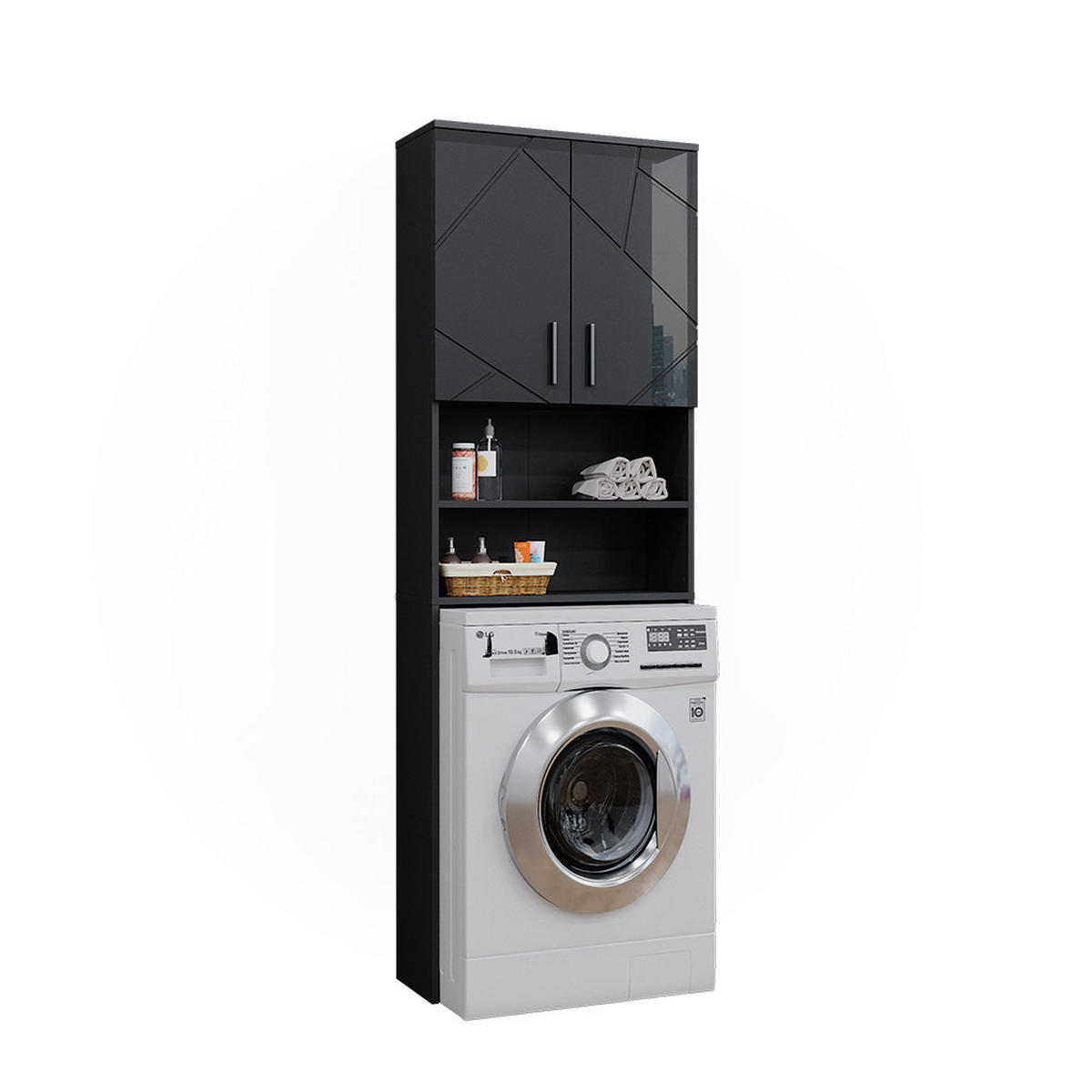 WASCHMASCHINENSCHRANK Irma Anthrazit 64 x 190.5 cm - Schwarz Hochglanz/Anthrazit, Holzwerkstoff (64/190.5/26cm) - Vicco