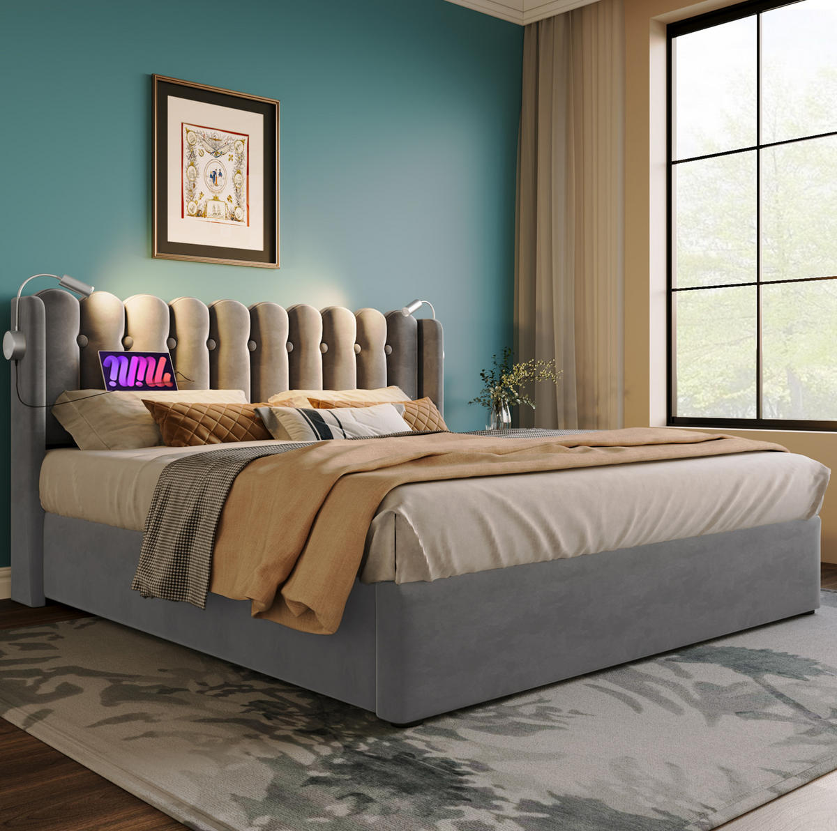 POLSTERBETT aus Samt 140x200 cm in Grau mit USB, Leselicht & Matratze - Grau, Textil (140/200cm) - Modfu