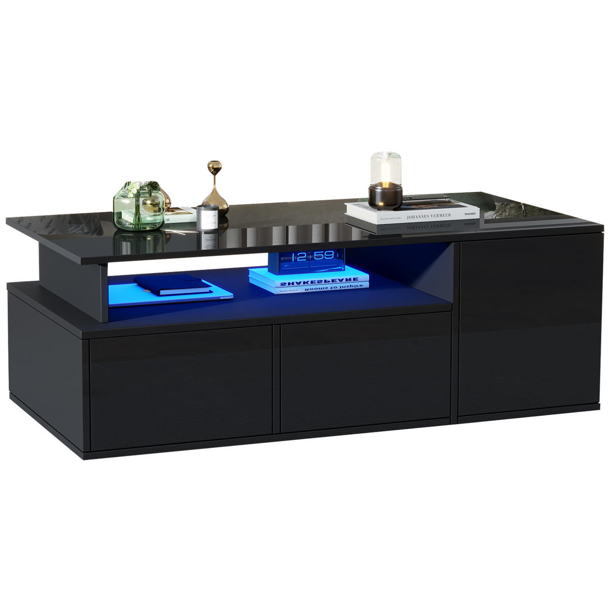 COUCHTISCH 100/50/35 cm in Schwarz mit LED-Beleuchtung und 2 Schubladen - Schwarz, Holzwerkstoff (100/50/35cm) - Flora Grace