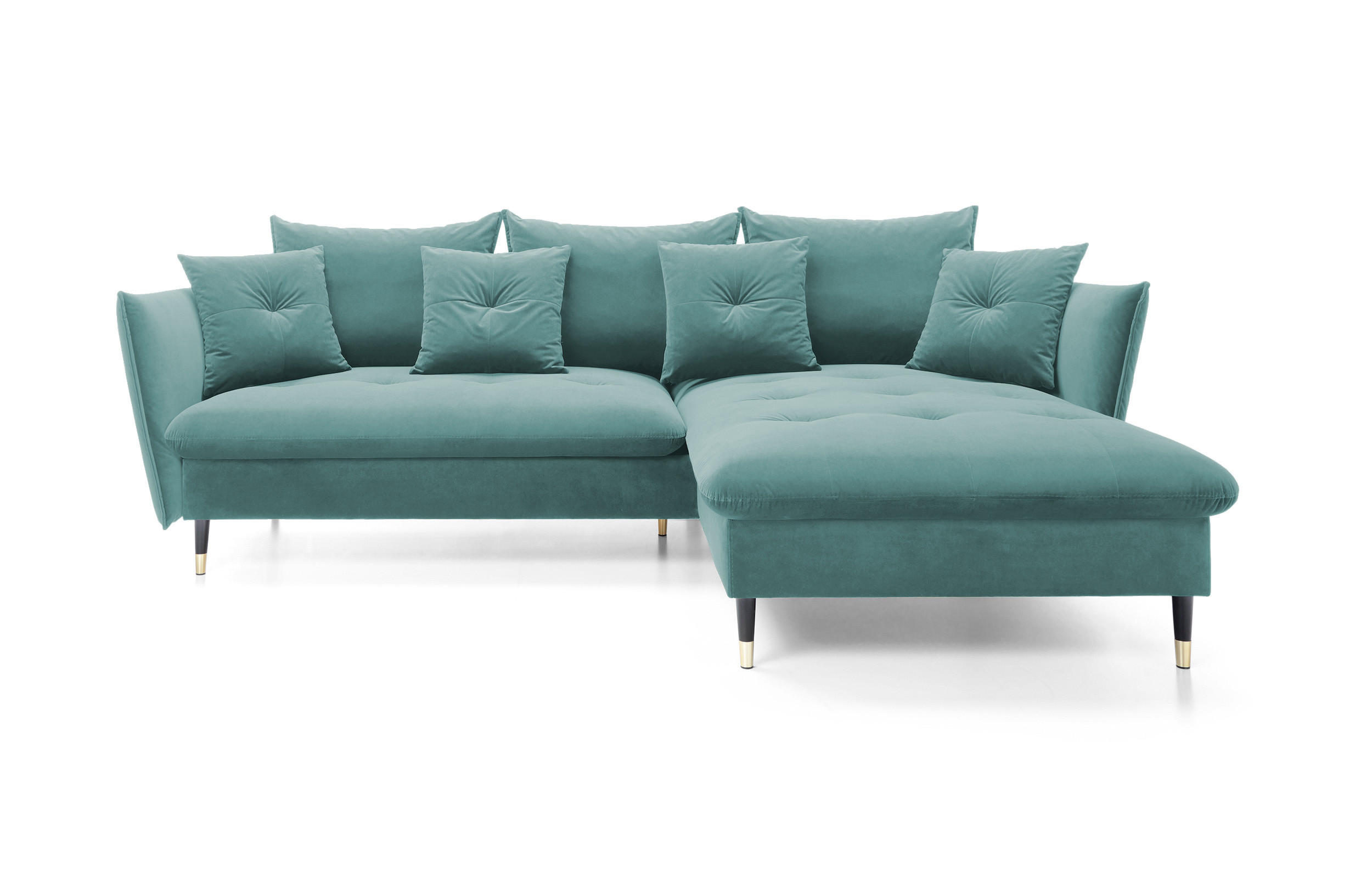 ECKSOFA GLAM mit Schlaffunktion, Ottomane & goldenen Füßen – Samtsofa im Glamour-Stil mit Zierkissen, 258x167x91 cm, rechte, münze​ - Hellgrün, Holz/Textil (258/167cm) - DomoHome
