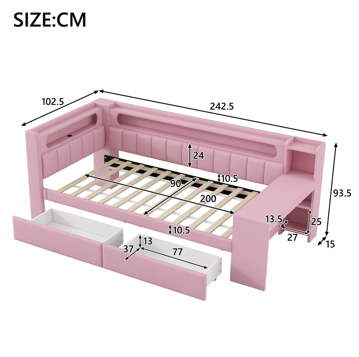 POLSTERBETT 90/200 cm aus MDF und Sperrholz mit USB, LED, Schreibtisch und 2 Schubladen Rosa - Rosa, Textil (90/200cm) - Modenvie