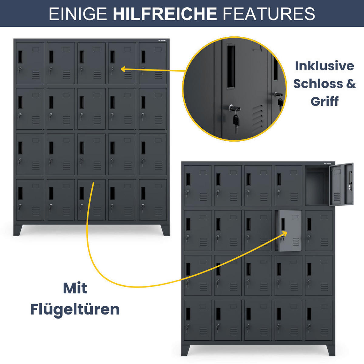 SCHLIESSFACHSCHRANK Spind TAMPA 20 Fächer172x136x45cm Anthrazit - Anthrazit, Metall (136/172/45cm) - DELUKE