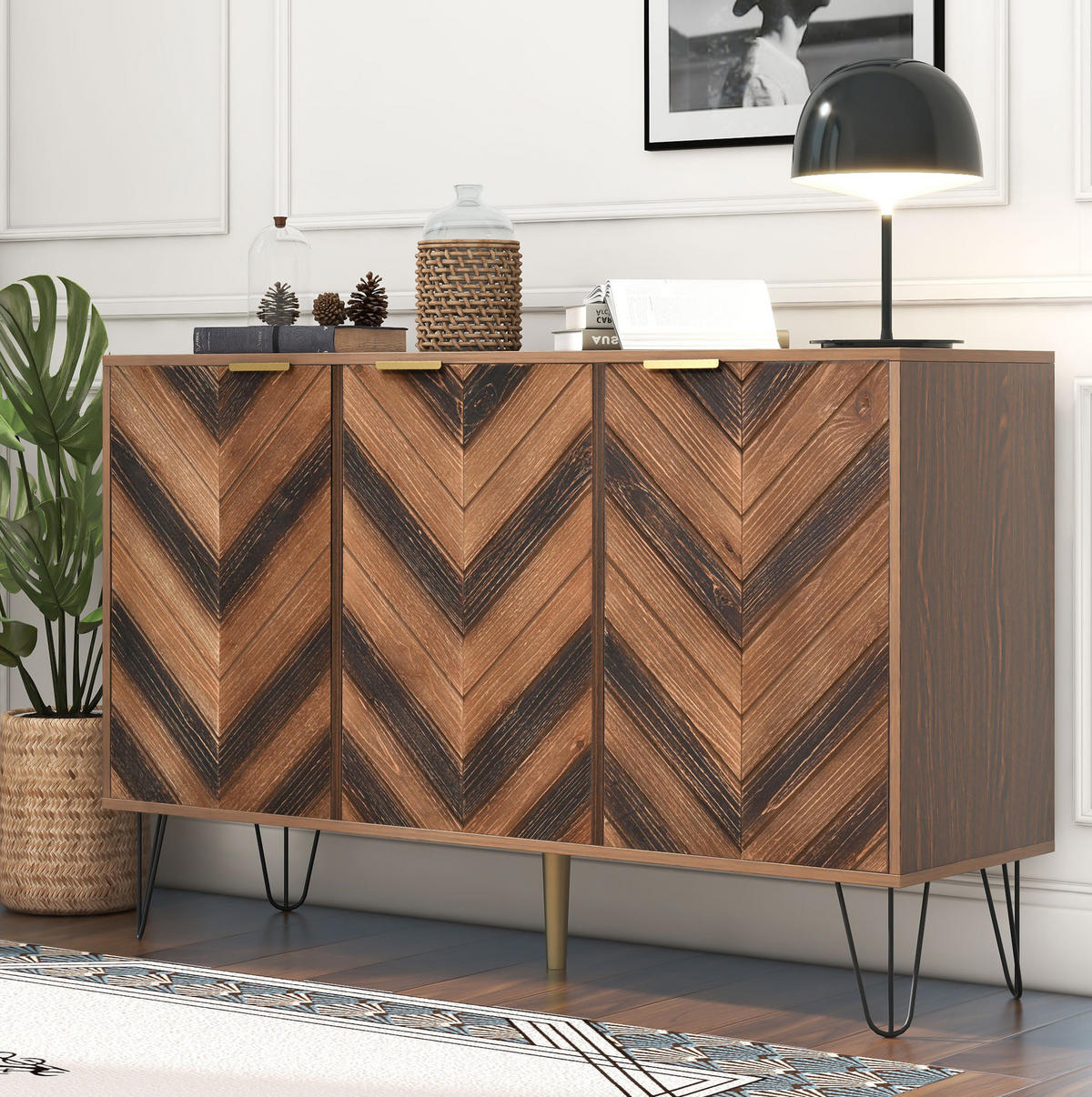 SIDEBOARD mit 3 Türen, Holzoptik mit goldenen Griffen und schwarzen Eisenfüßen, 120/38/76,5 cm,Naturfarben - Naturfarben, Holzwerkstoff (120/38/76.5cm) - Redom