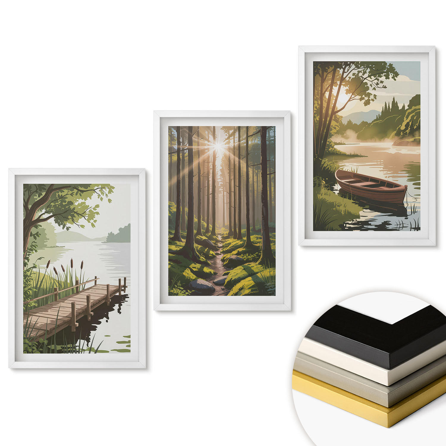 WANDBILDER 3er-Set - 40x60 cm Weißer Rahmen - Landschaft aus Wald, See und Boot - Weiß, Kunststoff (40/60cm) - ArtPrintCave