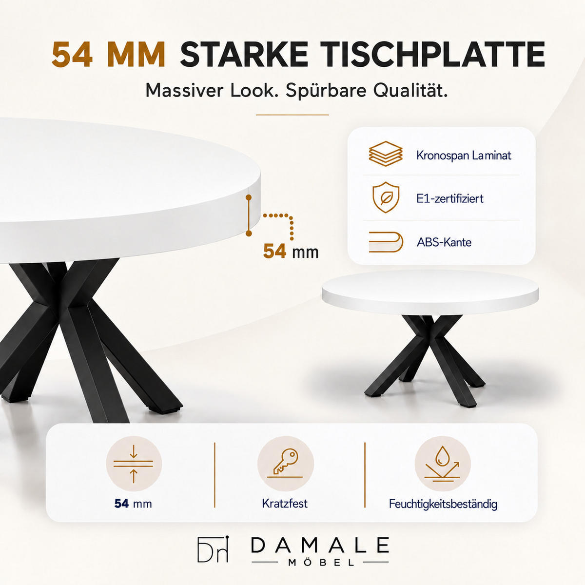 ESSTISCH rund ausziehbar 110/210/76 cm, Weiß, 54 cm Tischplatte + X Metallbeine Schwarz - Schwarz/Weiß, Holzwerkstoff/Metall (110/210/76cm) - Damale Möbel