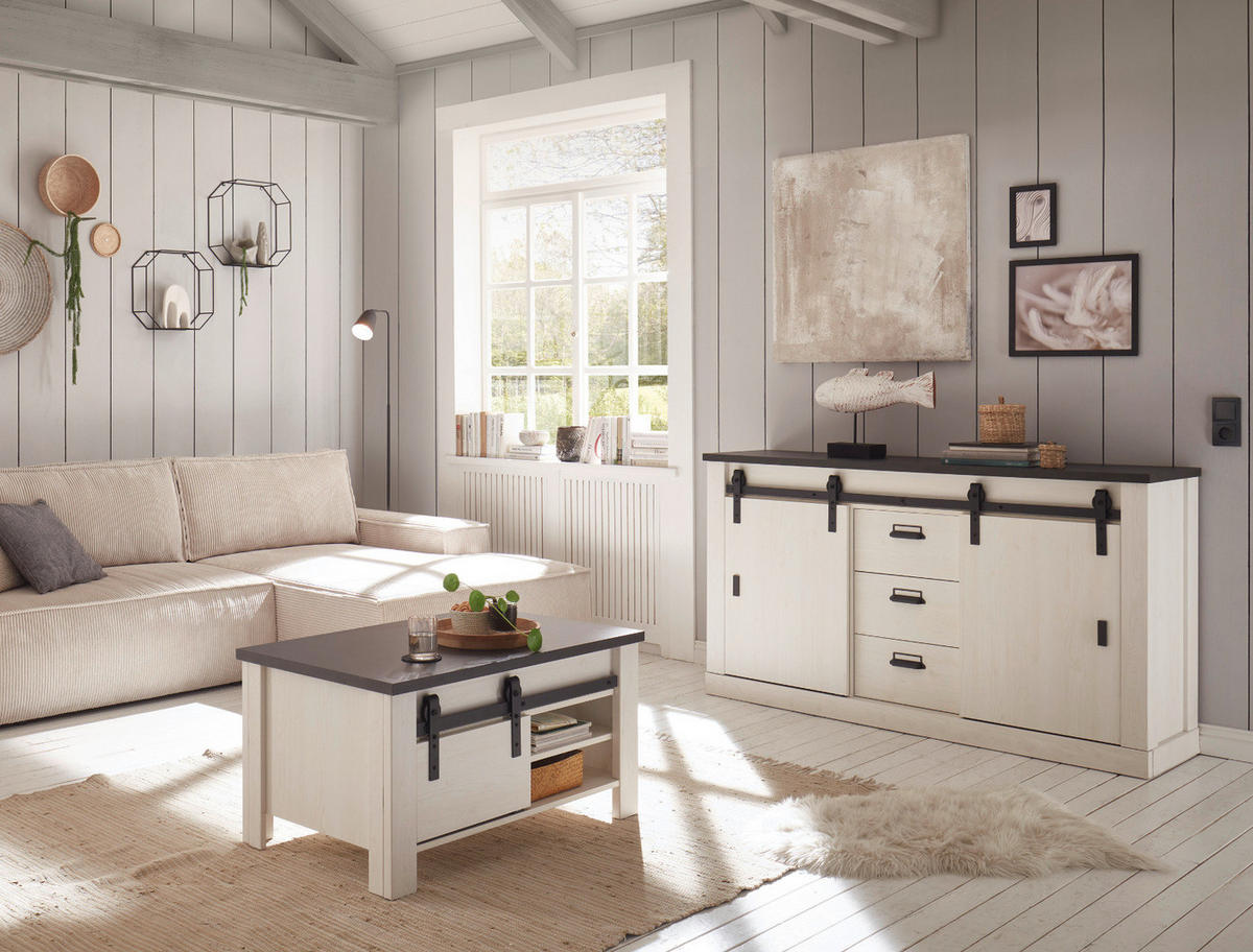 SIDEBOARD weiß Pinie, anthrazit Landhaus, Kommode 162 x 91 cm - Anthrazit/Weiß, Holzwerkstoff/Metall (162/91/43cm) - Furn.Design