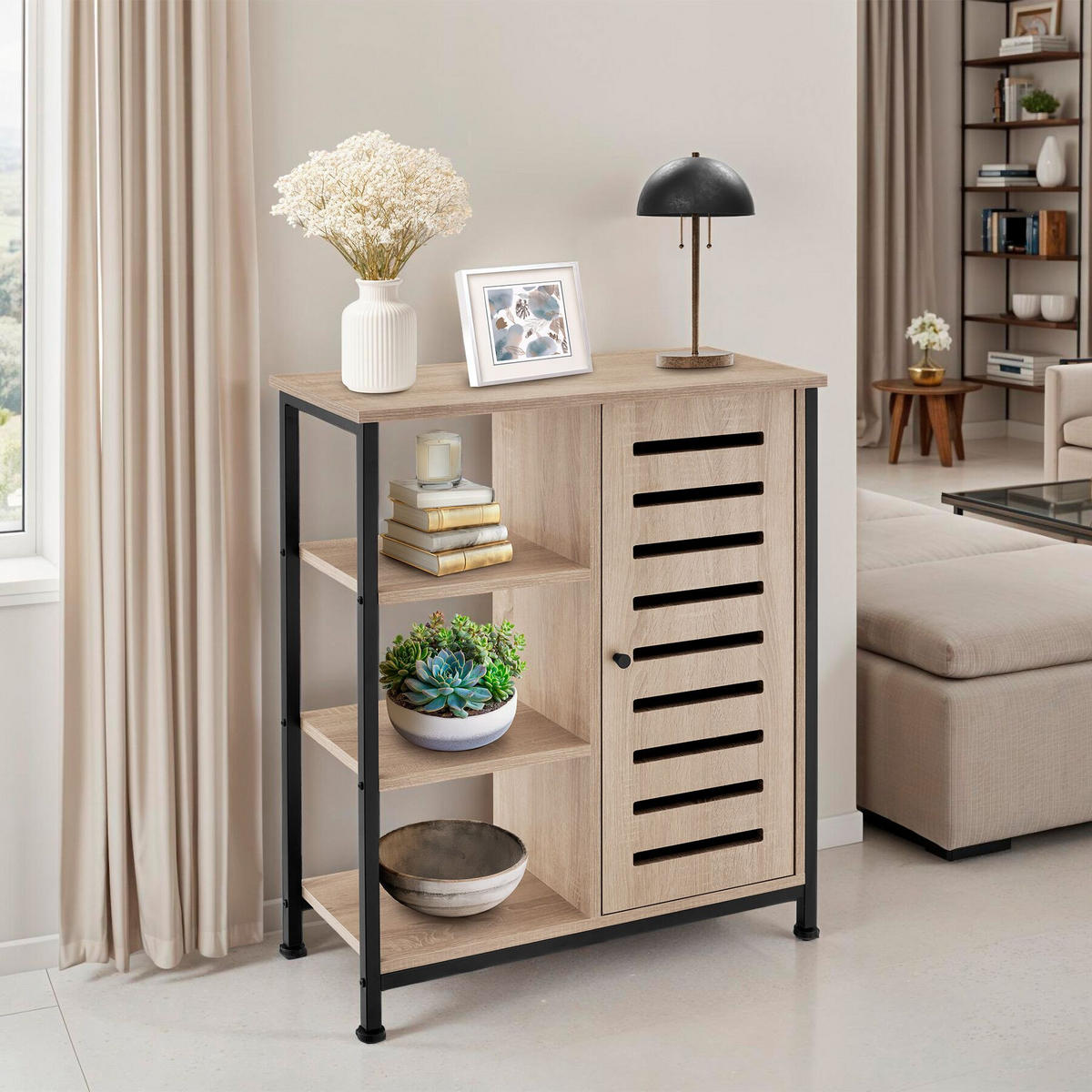 SIDEBOARD ,mit höhenverstellbaren Kunststofffüßen, 70 x 32 x 82 cm,Industrial Holz hell, Eiche Sonoma - Naturfarben, Holzwerkstoff (32/82/71cm) - tectake