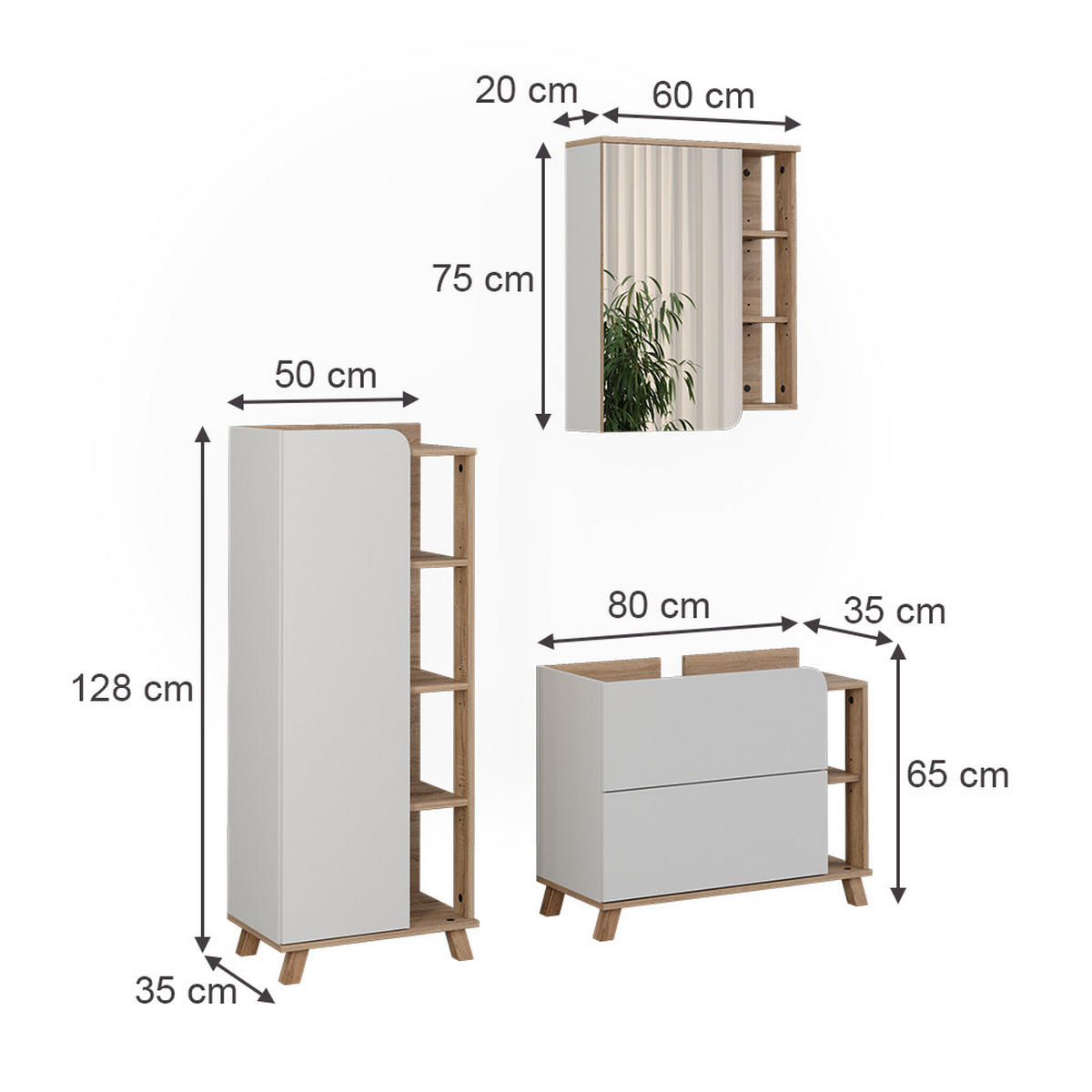 BADMÖBEL-SET Karen, Weiß/Sonoma, 3-teilig - Weiß/Sonoma Eiche, Holzwerkstoff (80/65/35cm) - Vicco