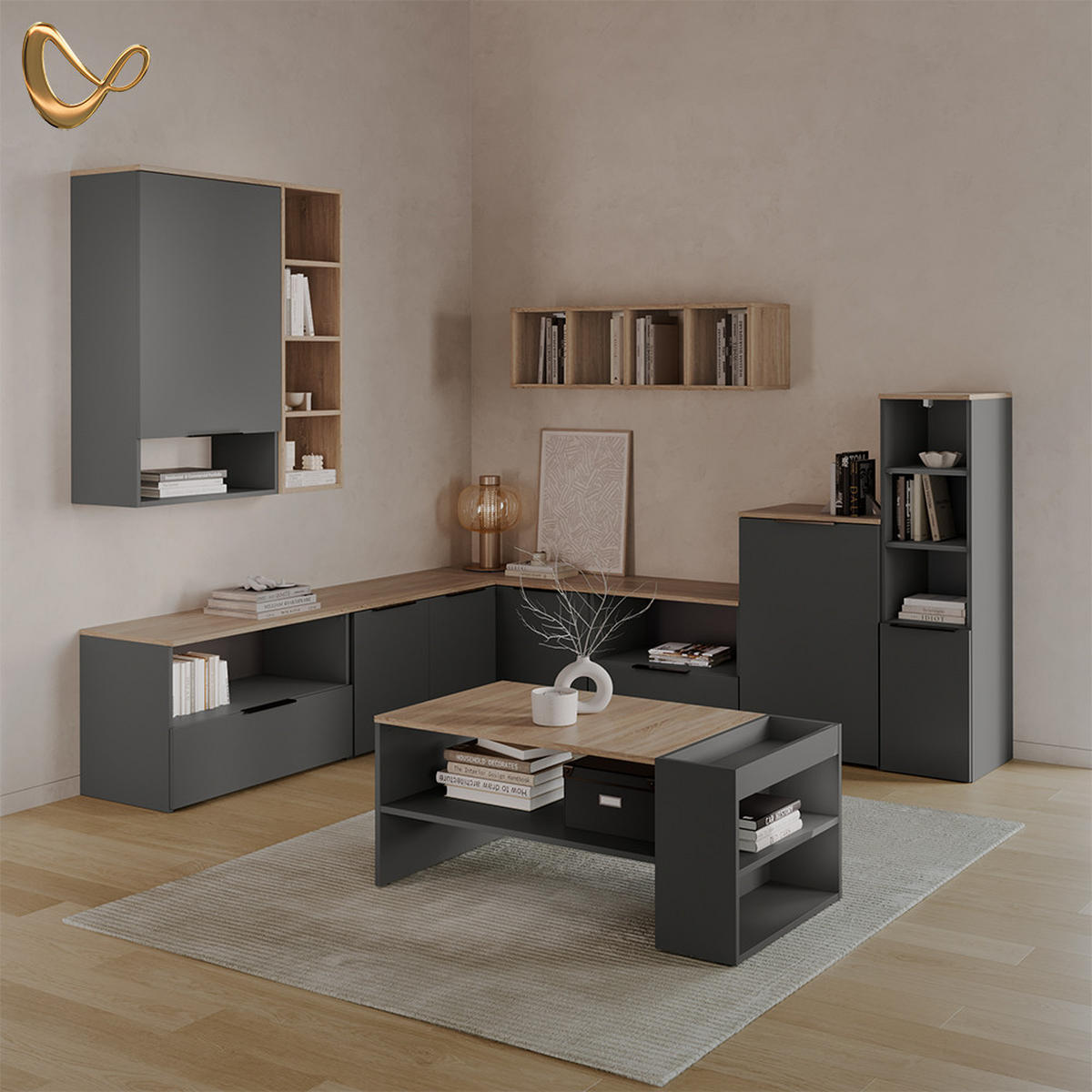 KOMMODE Piave Anthrazit mit Regal - Anthrazit, Holzwerkstoff (50/80/40cm) - Livinity®