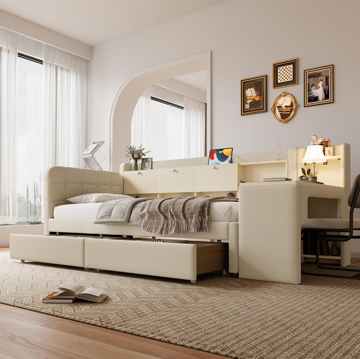 POLSTERBETT aus Leinen 90x200 cm in Beige mit Schreibtisch & 2 Schubladen - Beige, Textil (90/200cm) - Modfu