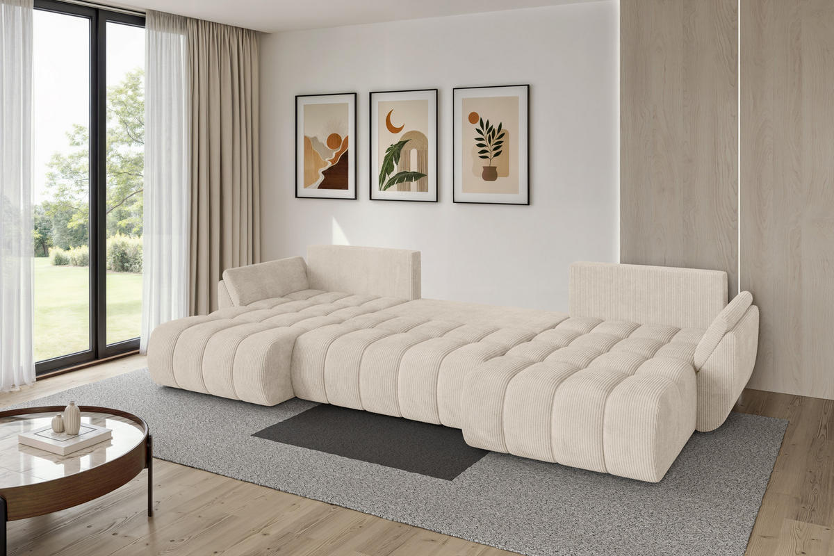 SEDACÍ SOUPRAVA DO U s funkcí spaní a úložným prostorem TOKO-U-v1 378x194x86 béžová manšestr - černá/béžová, kompozitní dřevo/textil (378/86/194cm) - ALTDECOR