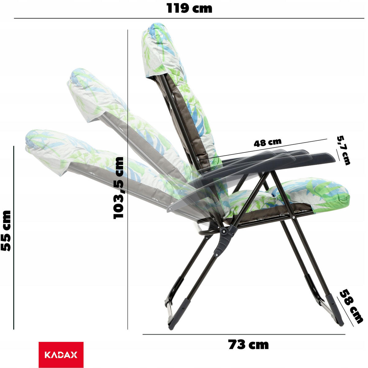 GARTENLIEGESTUHL 119 x 55 cm „Leaves“ - Blau/Weiß, Metall (58/119cm) - KADAX