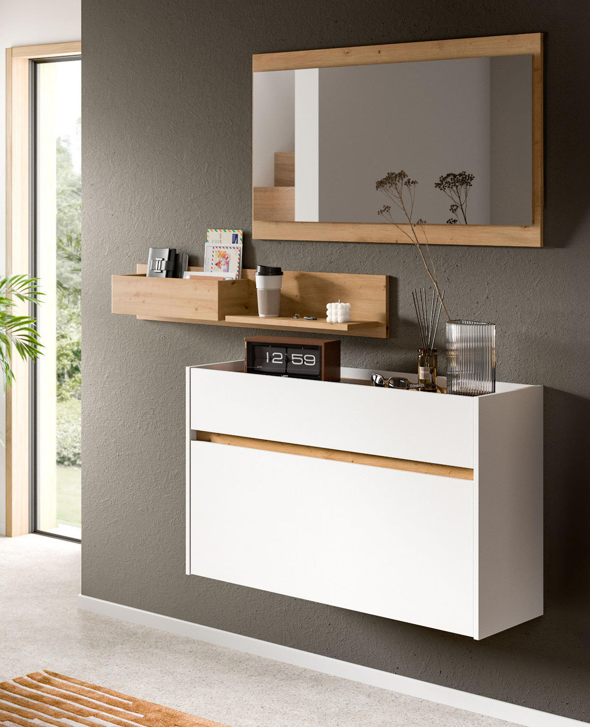 GARDEROBE-SET weiß und Artisan Eiche, Garderobe 3-teilig, 140 x 197 cm, Borga - Weiß/Eiche Artisan, Holzwerkstoff (140/197/32cm) - Inn.Furn