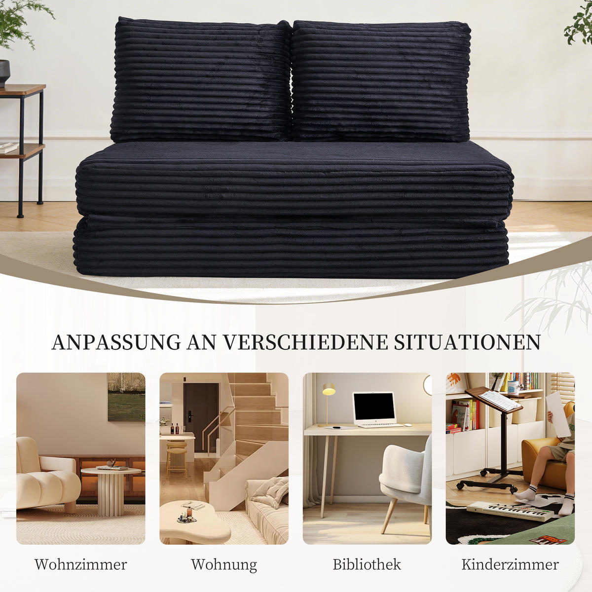 SCHLAFSOFA in Cord Schwarz - Schwarz, Textil (140/85/100cm) - Oxeza