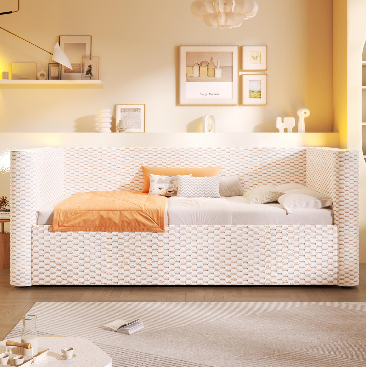 TAGESBETT aus Samt und MDF 90x200 cm Beige mit hydraulischem Stauraum und LED-Beleuchtung - Beige, Textil (90/200cm) - IVMEU