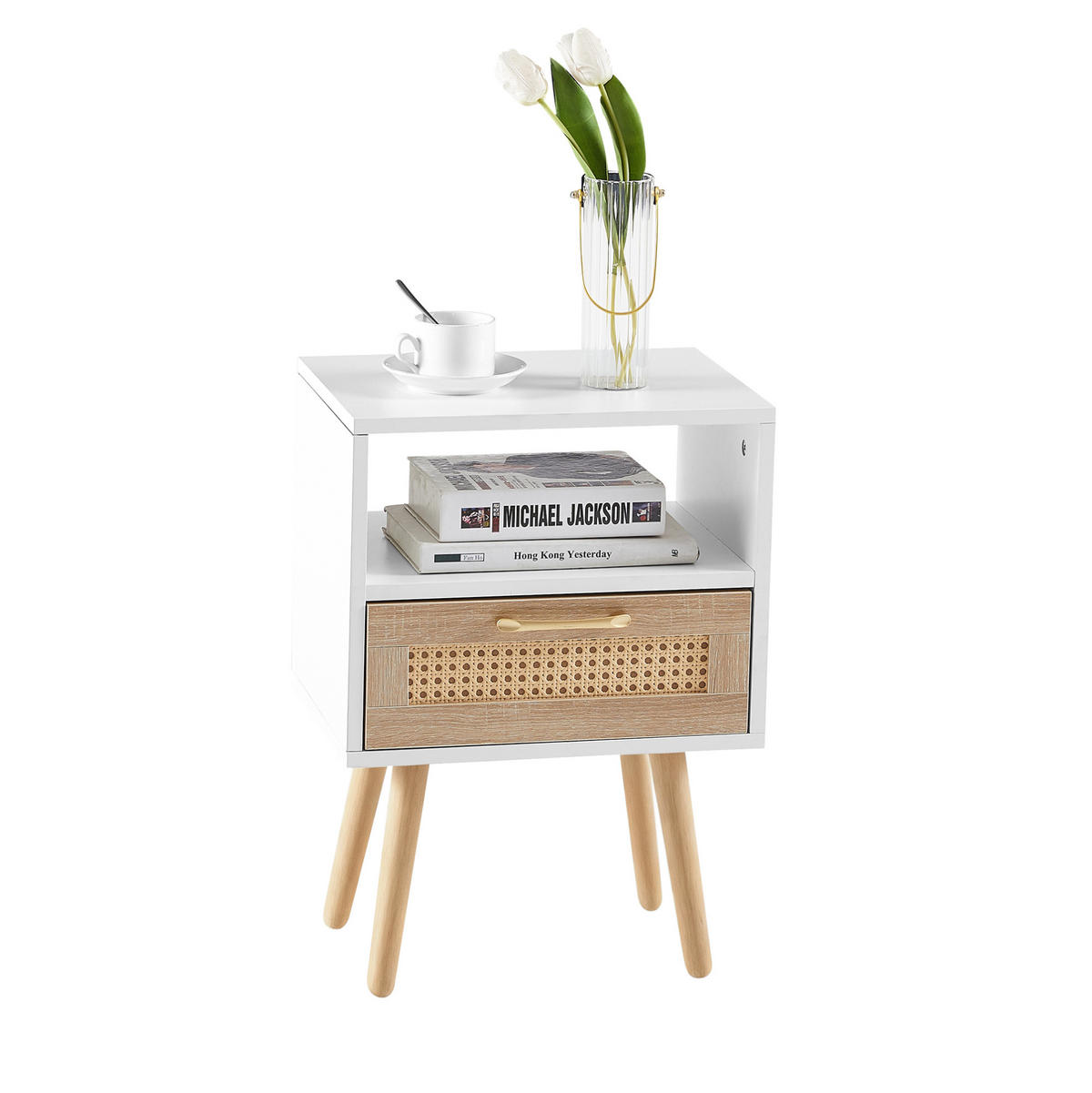 NACHTTISCH 40/55/30 cm Weiß/Natur aus MDF mit Schublade - Hellbraun, Holzwerkstoff (40/55/30cm) - OKMYHOME